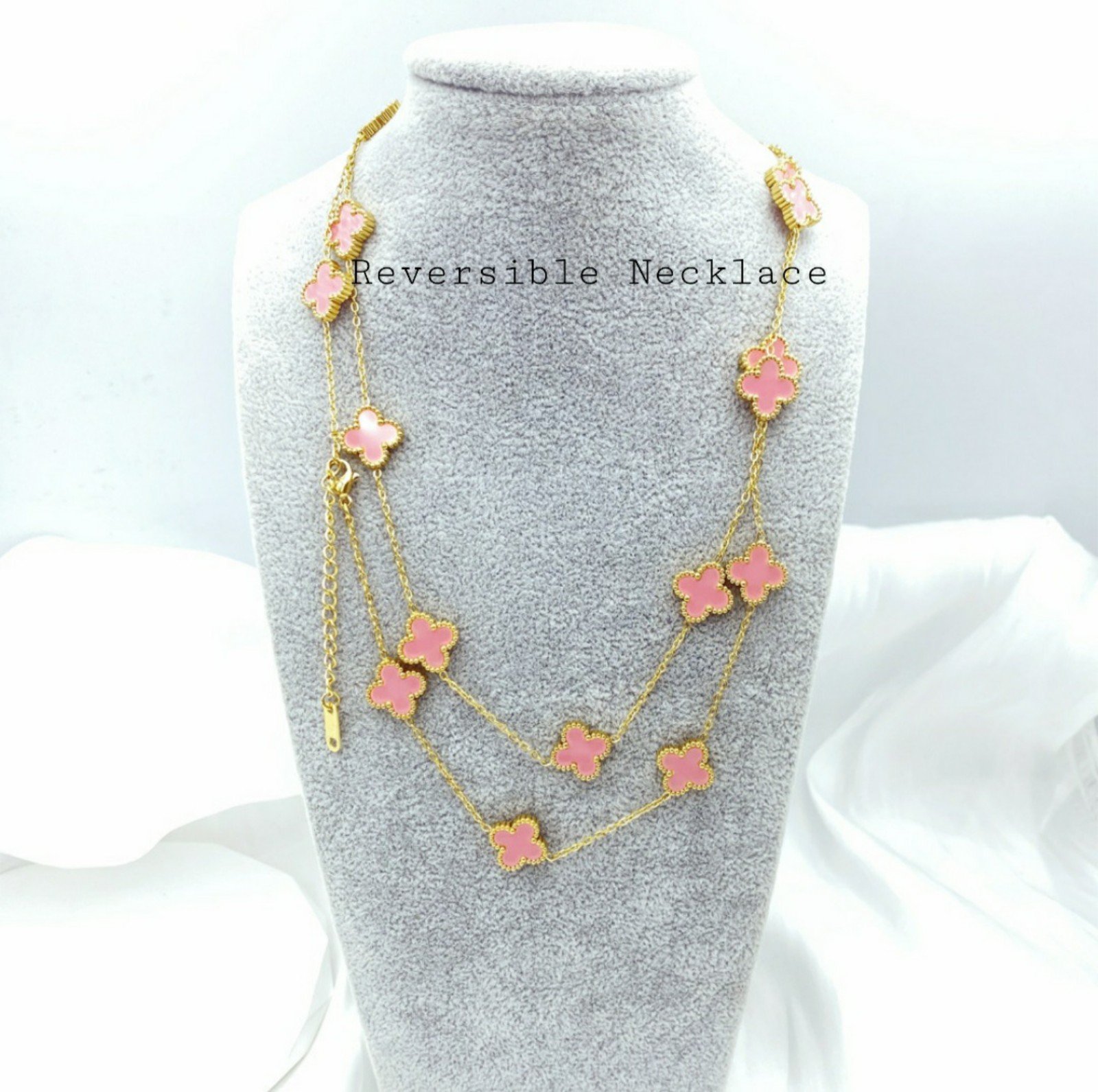 18k Gold Plated Pink clover necklace 20 motifs Lucky Vintage style Necklace