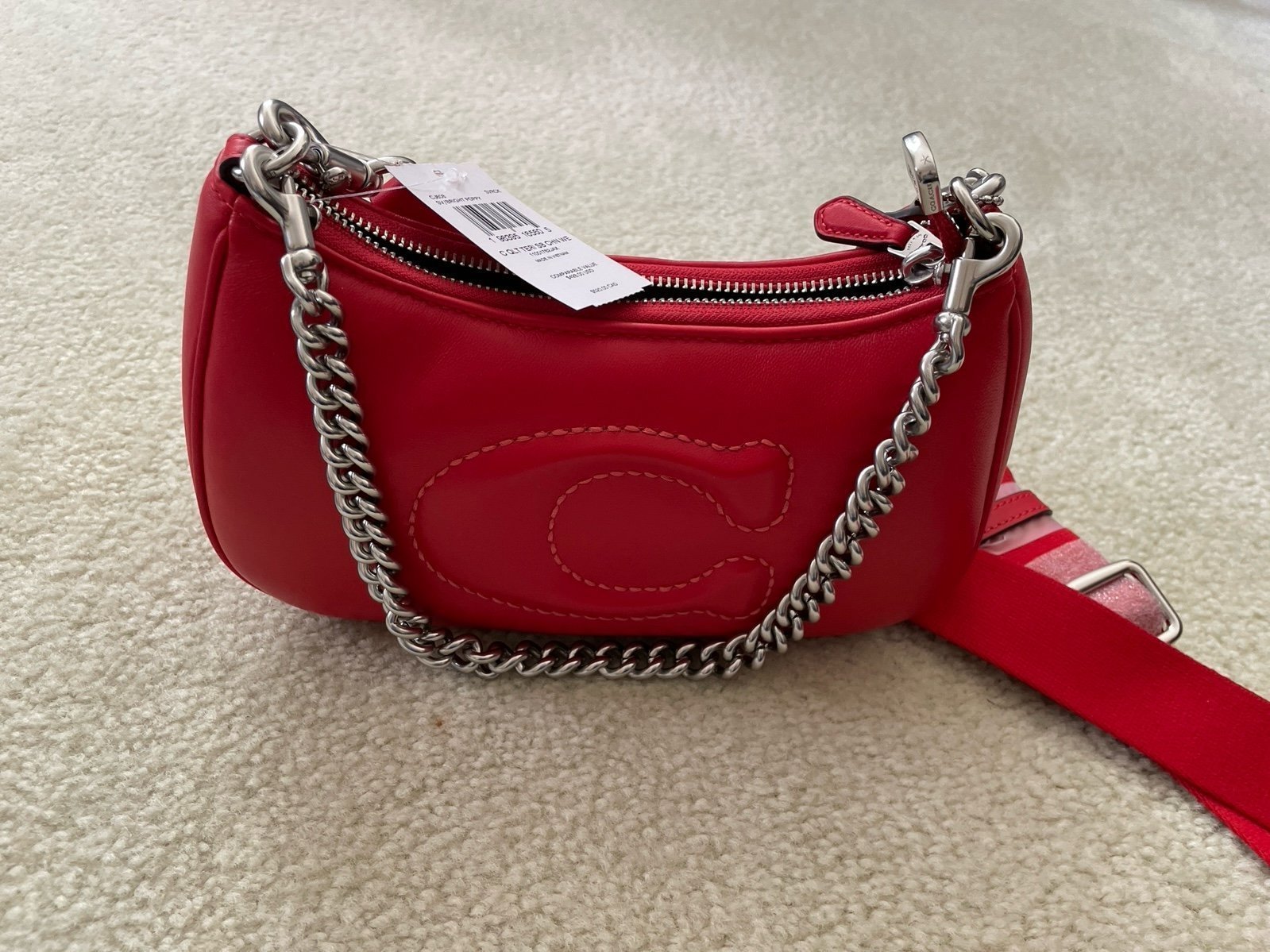 Coach Quilted Teri Shoulder Bag Chain Web Straps Bright Poppy/ Silver CJ608 nwt