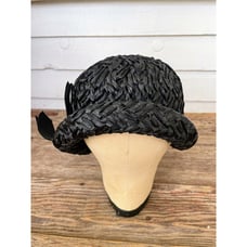 Vintage 1960s Black Raffia Straw Raffia Cloche' Womens Hat MOD