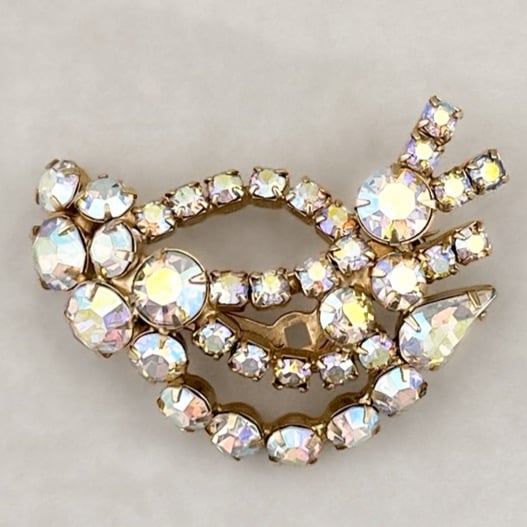Vintage Aurora Borealis Rhinestone Swag Brooch Gold Tone Continental Style
