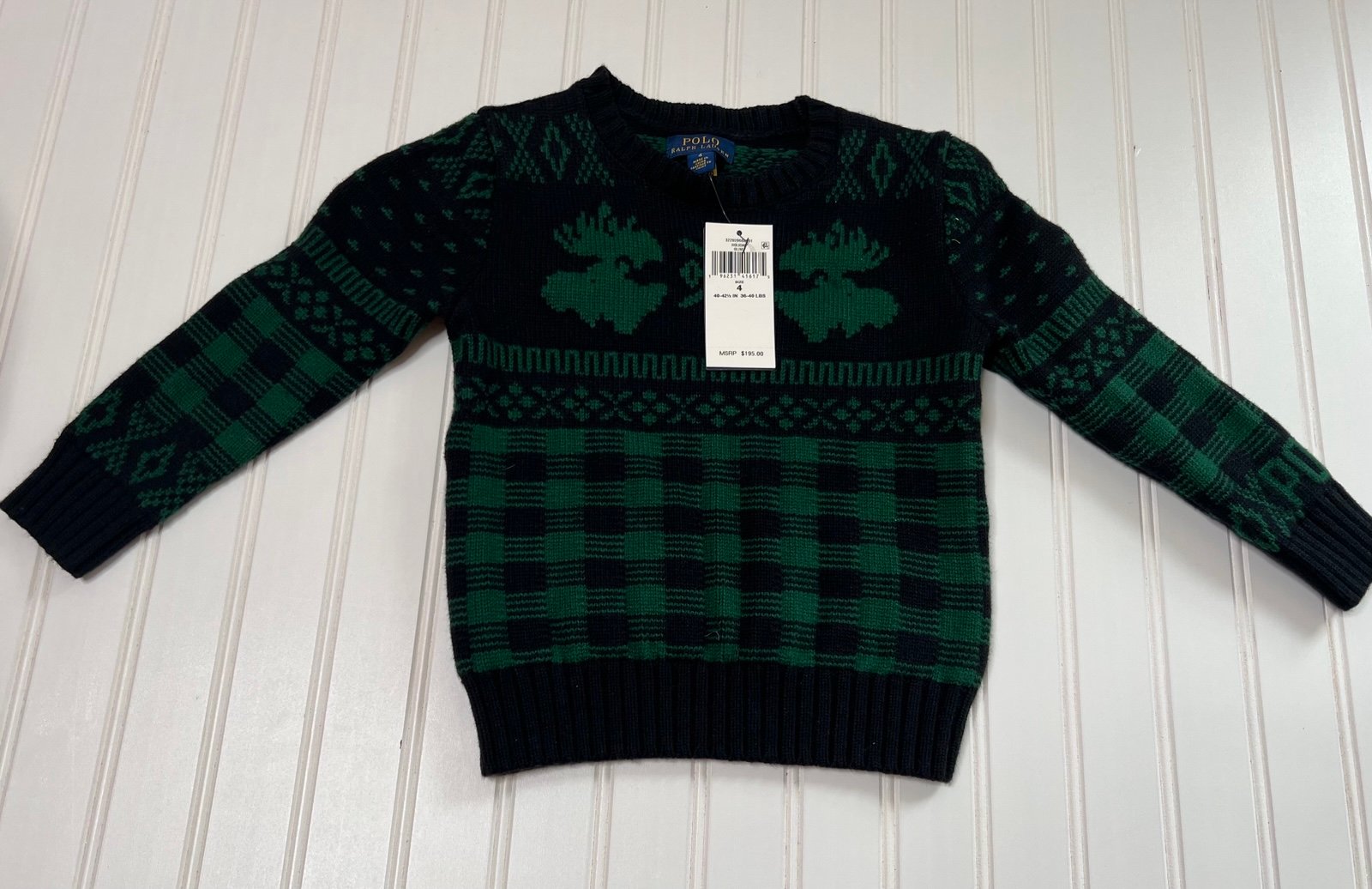 Polo Ralph Lauren Boys Holiday Wool-Blend Sweater Moose 4 Navy Green NEW. 83