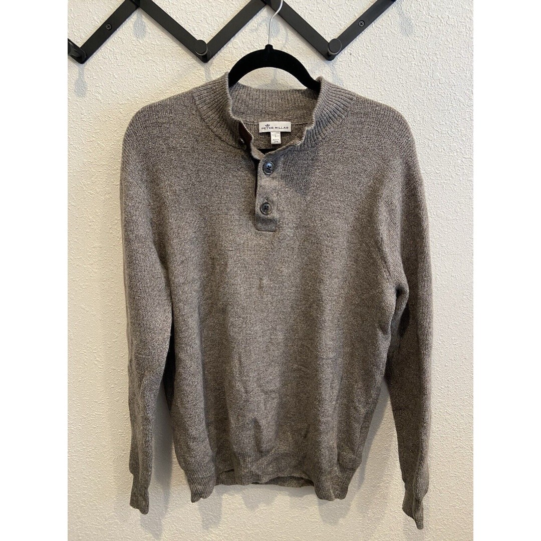 Peter Millar Mountainside Button Mock Sweater Men's Large Brown Merino Wool