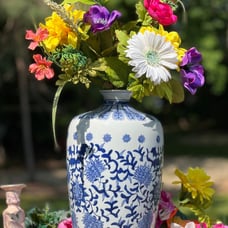 Blue and White Chinoiserie Lotus Flower Floor Vase