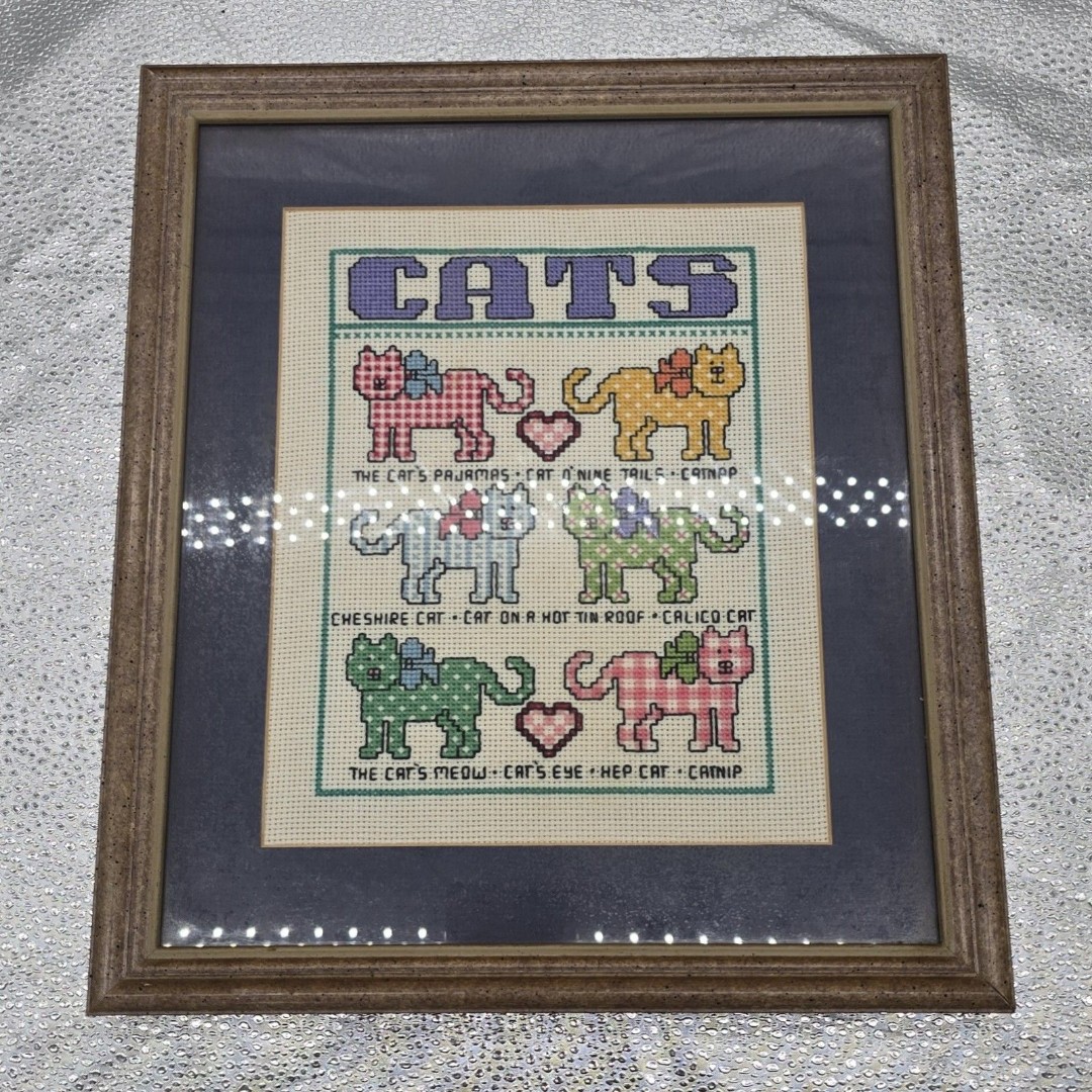 Vintage Framed Wall Hanging Cross Stitch Sewing Sampler Cat Cottage Country Core