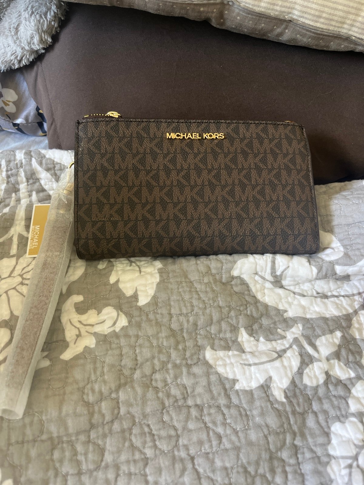 Michael Kors Adele Leather Smartphone Wallet, Double Zip Wristlet, Brown