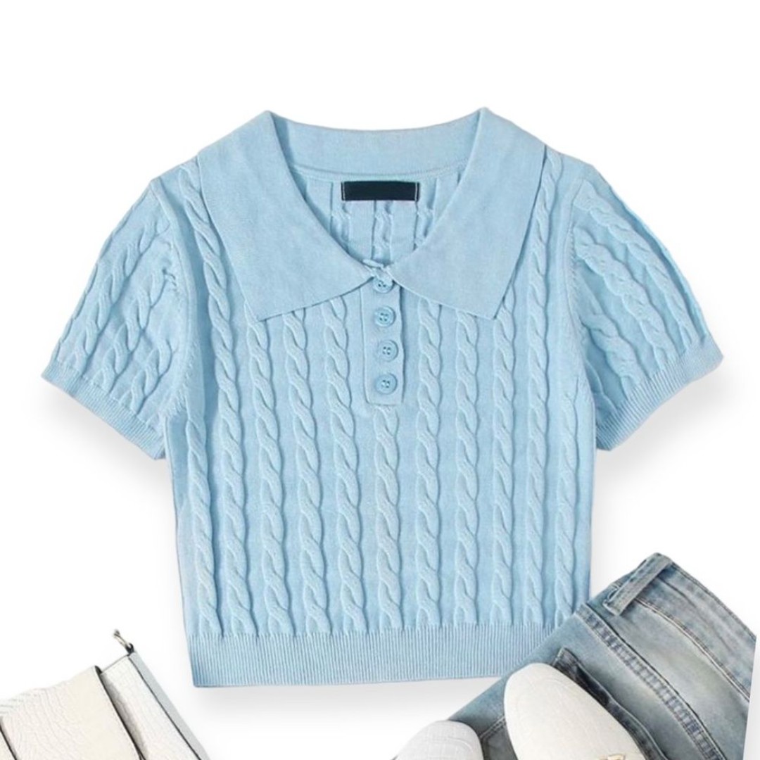 Blue Short Sleeve Cable Knit Crop Top