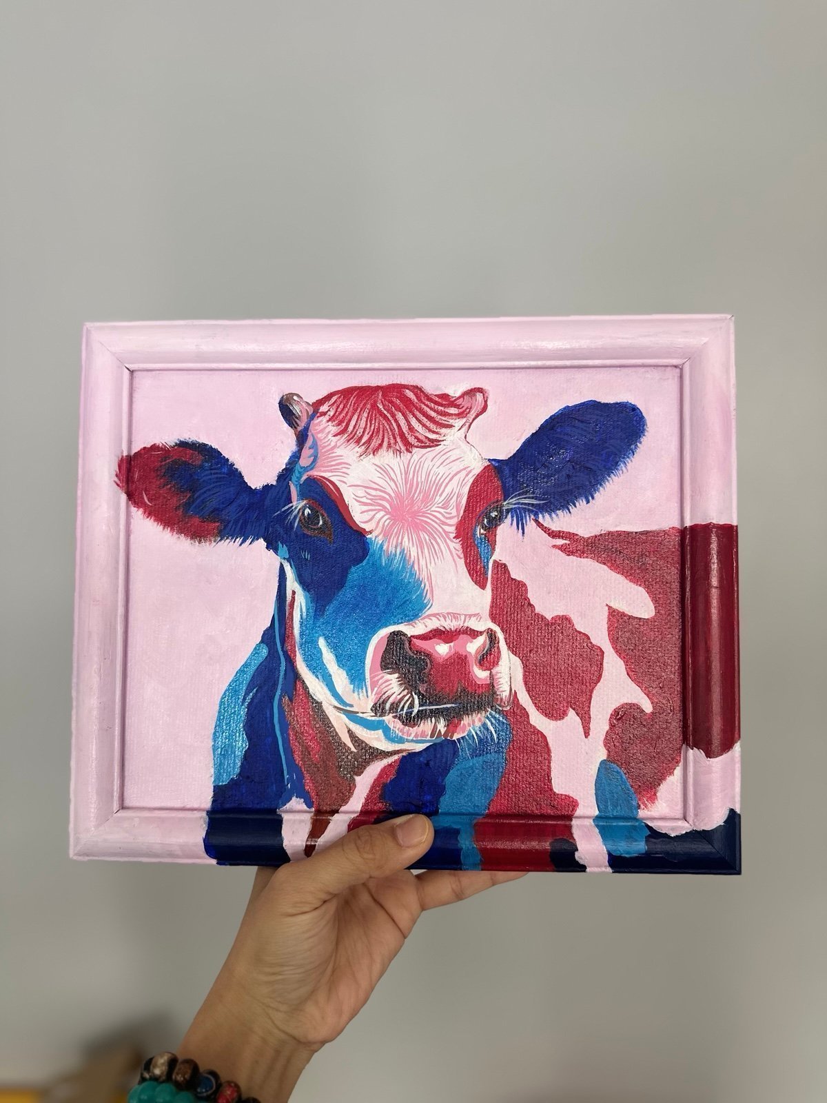 Hand Painted Cow Artwork on Wood Frame Acrylic Painting Colorful 3D Home Decor