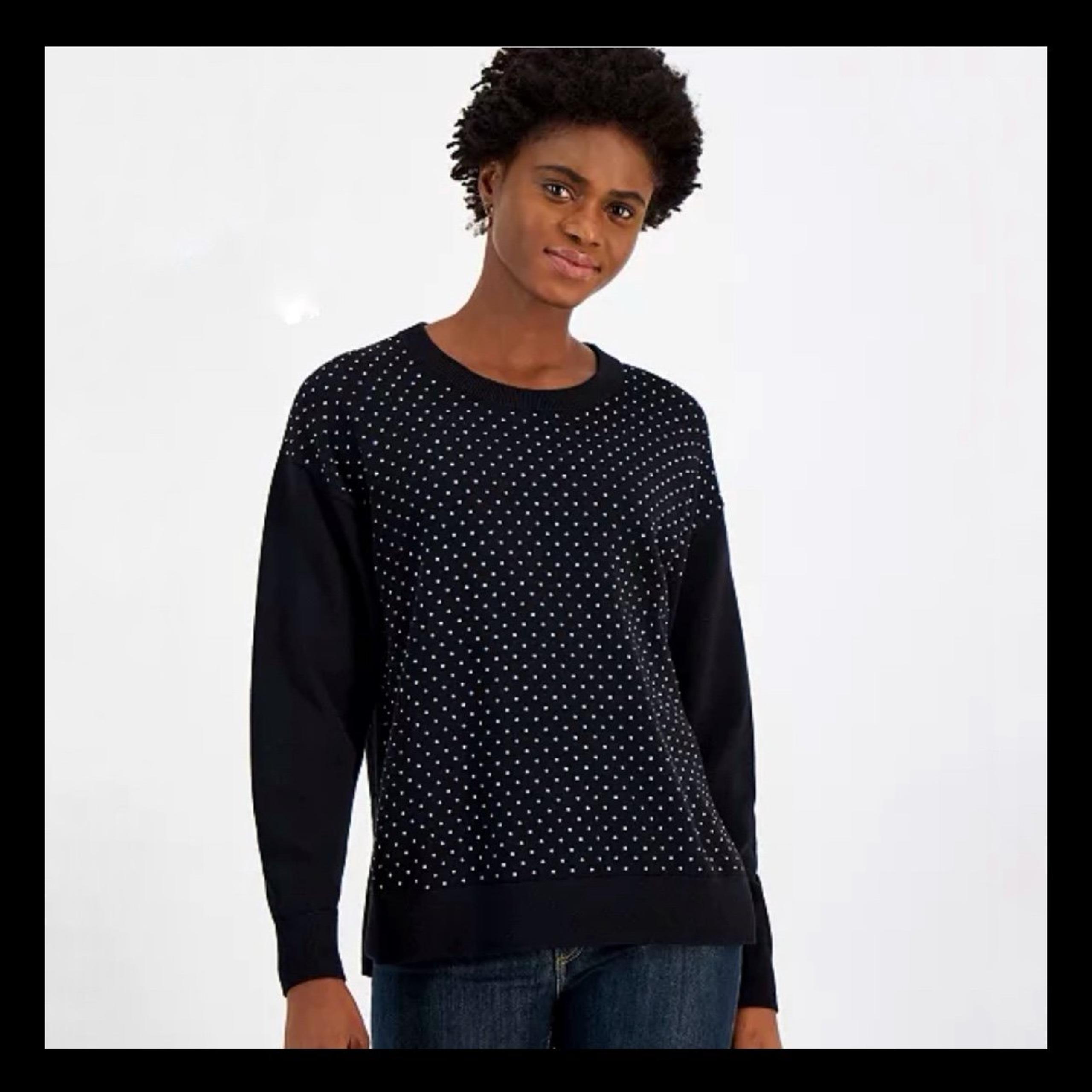 Michael Kors Clear Crystal/Bling Studded Black Crewneck Long Sleeve Sweater M