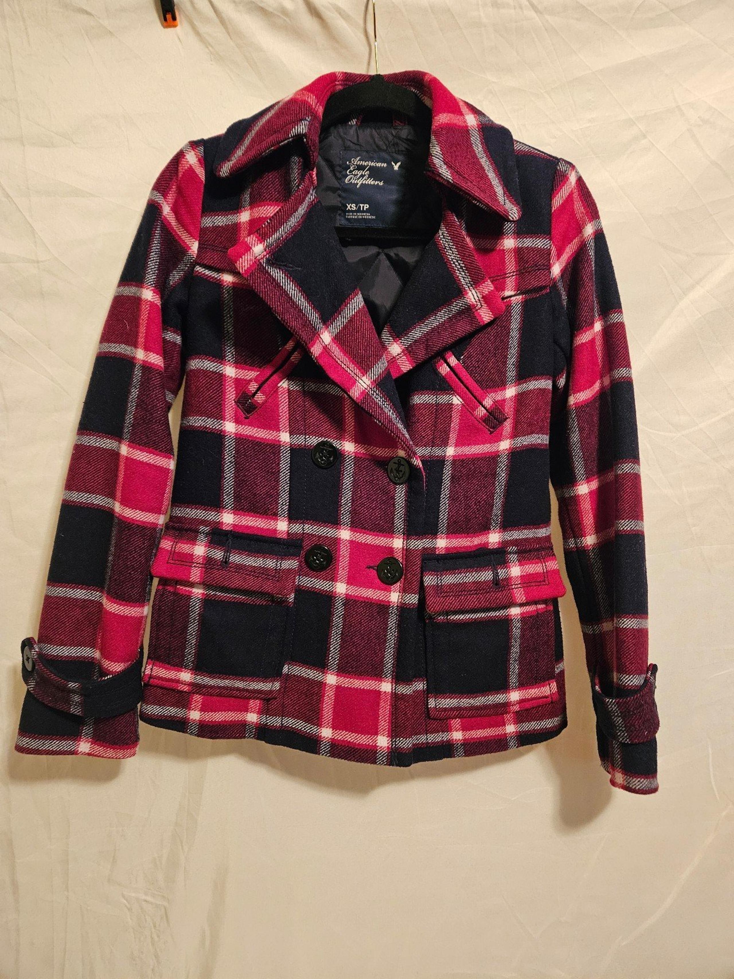 American Eagle Outfitters Peacoat. Women's Size XS. Red/Navy/White Plaid.