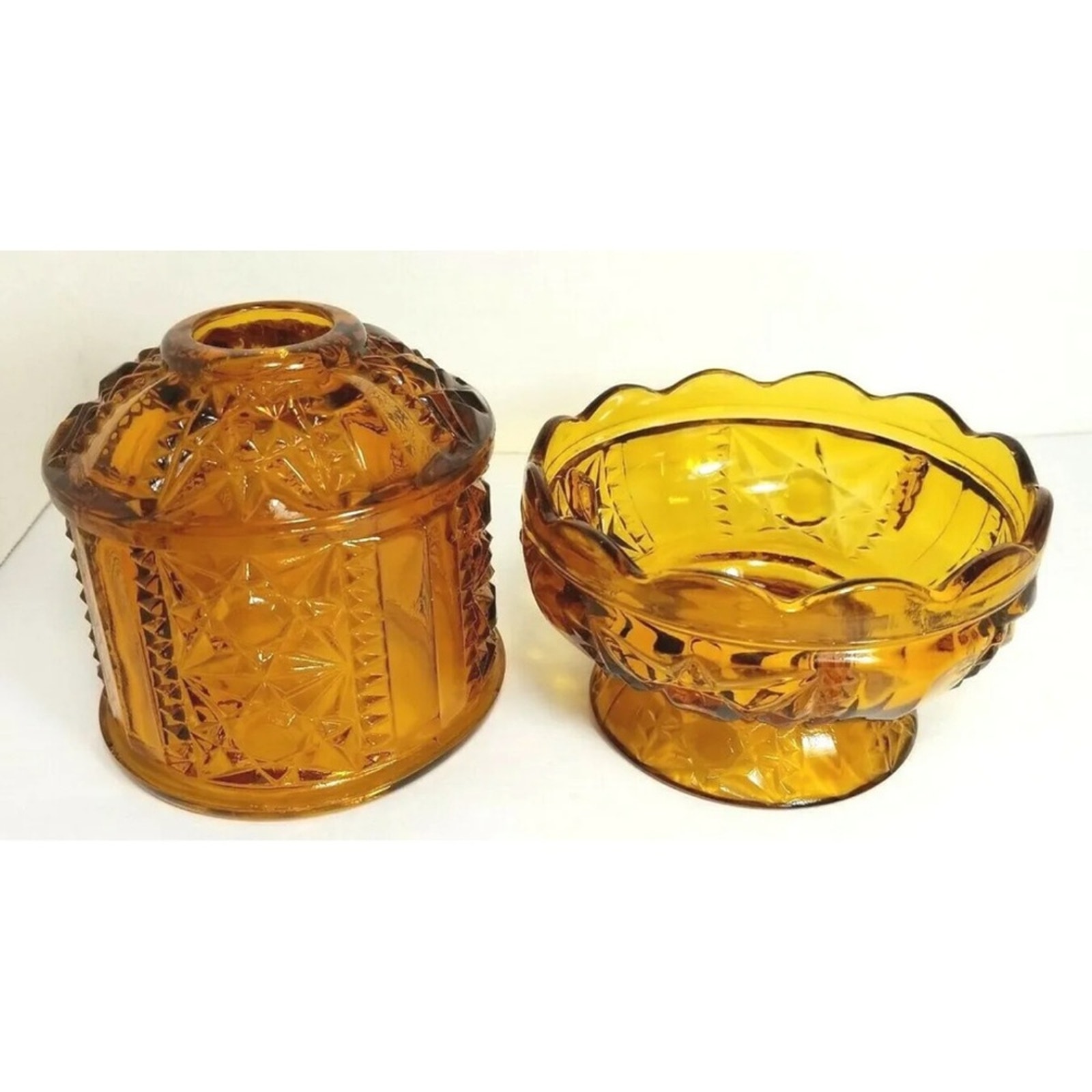 Vintage60s Indiana Glass Amber Star & Bars Fairy Lamp Candle Holder