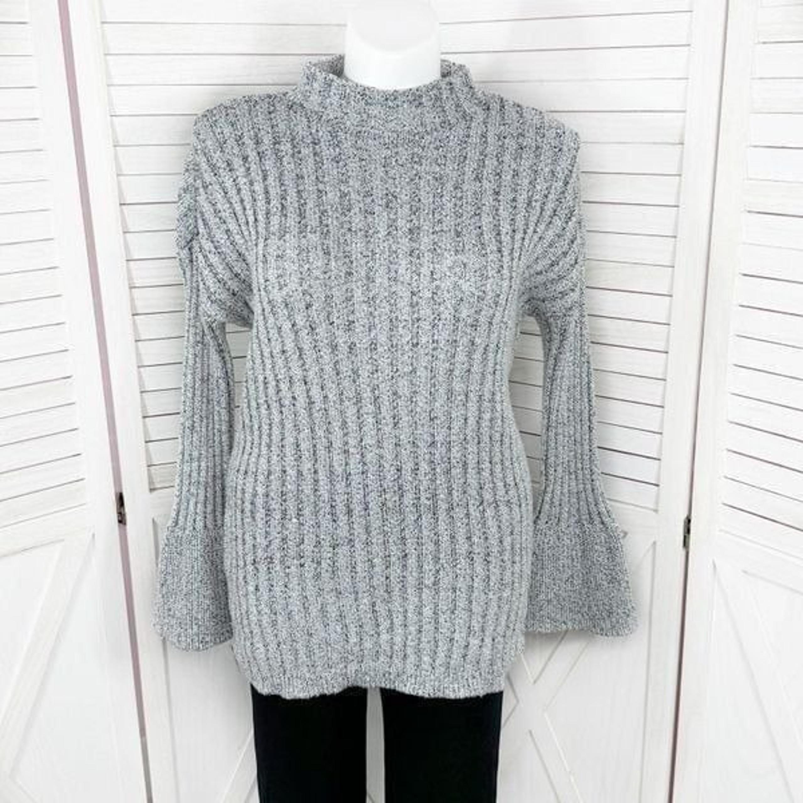 INC International Concepts Bell Sleeve Mock Neck Tunic Sweater Grey Fleck XL