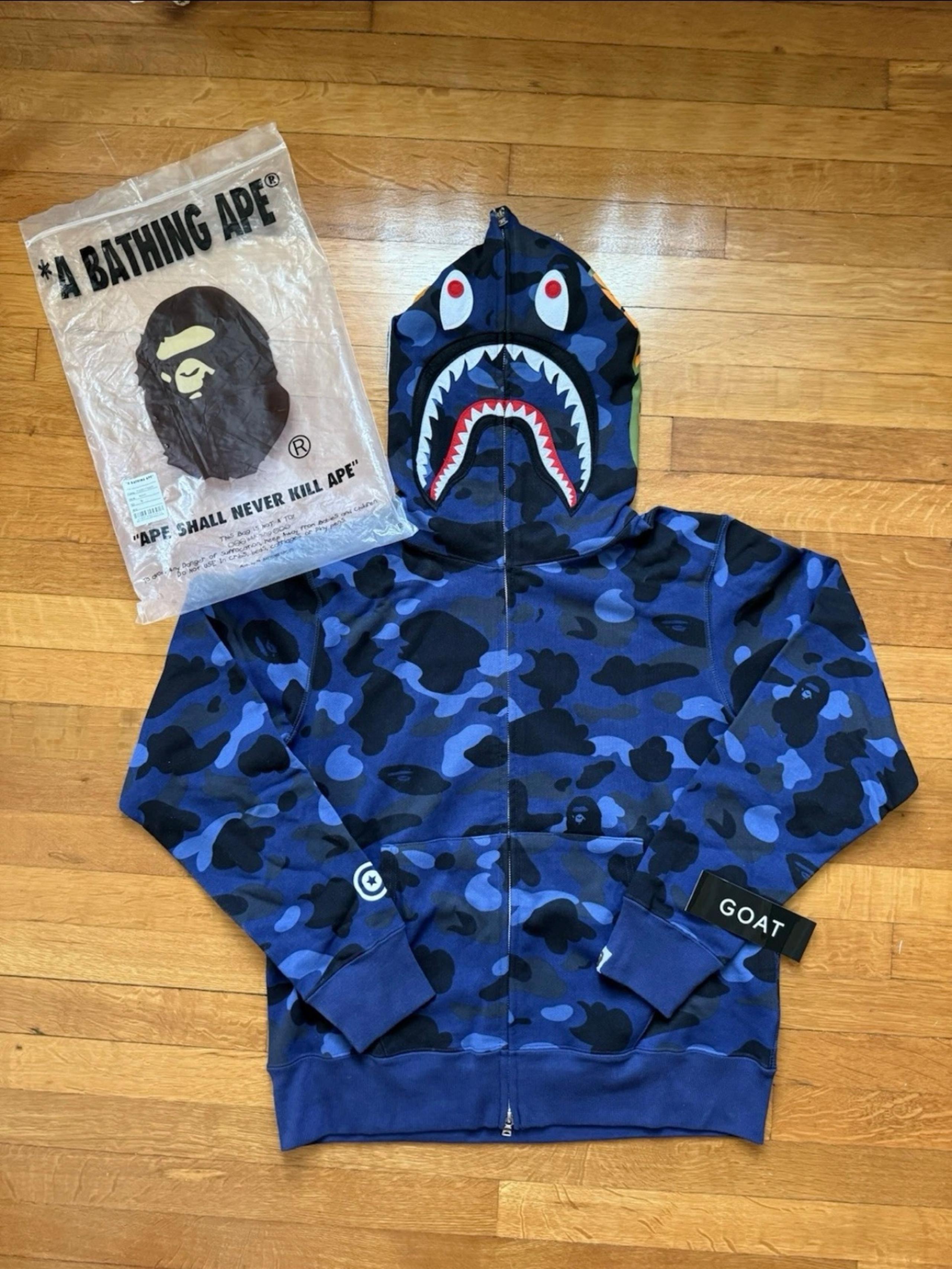 A Bathing Ape Bape Shark Full Zip Blue Hoodie Size L