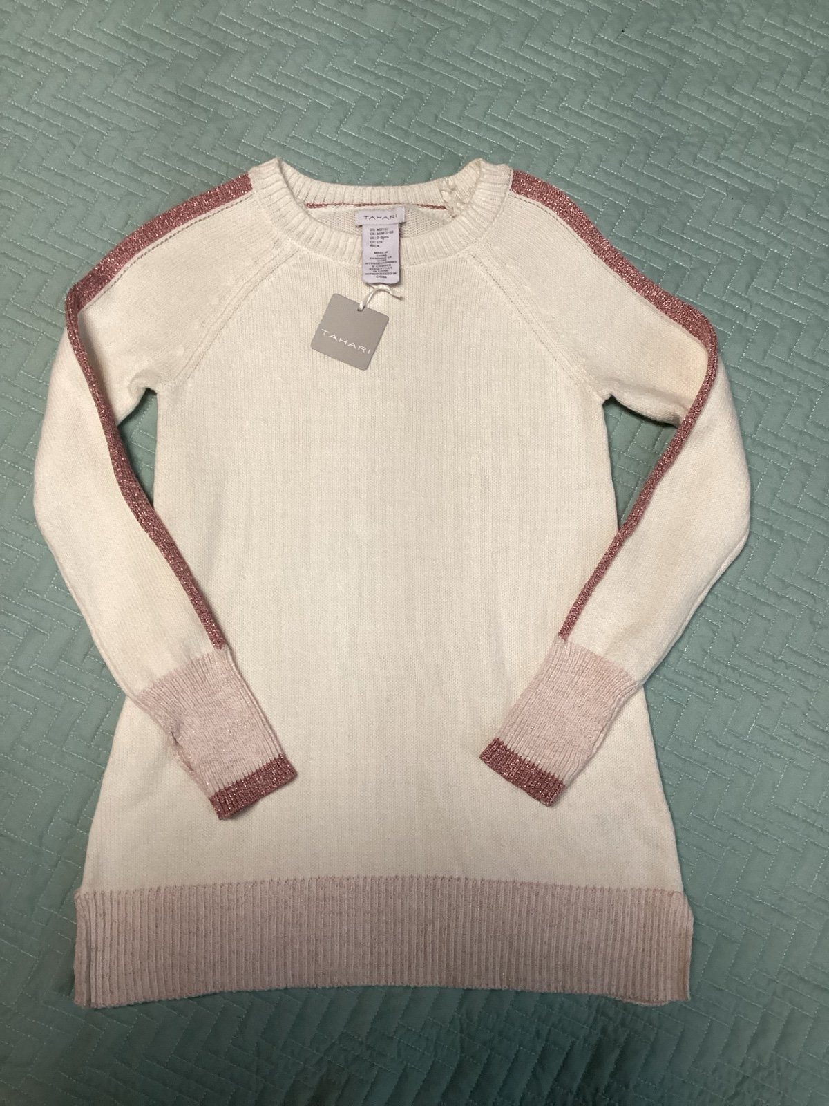 Kids Tahari M7-8 Sweater Dress With Thumb Slit White - Pink New