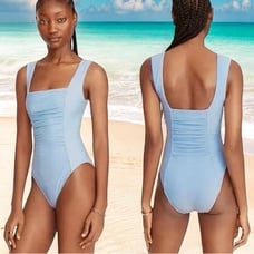 NEW J. Crew Blue Mist Ruched Square Neck One Piece Swimsuit Size 24/3X