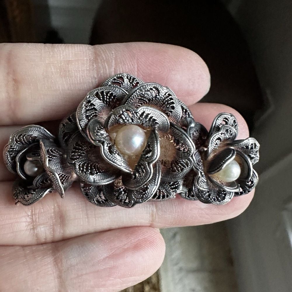 VTG Art Deco Cannetille Brooch 2.25 Real Pearls Flowers Sterling Silver 23.4g