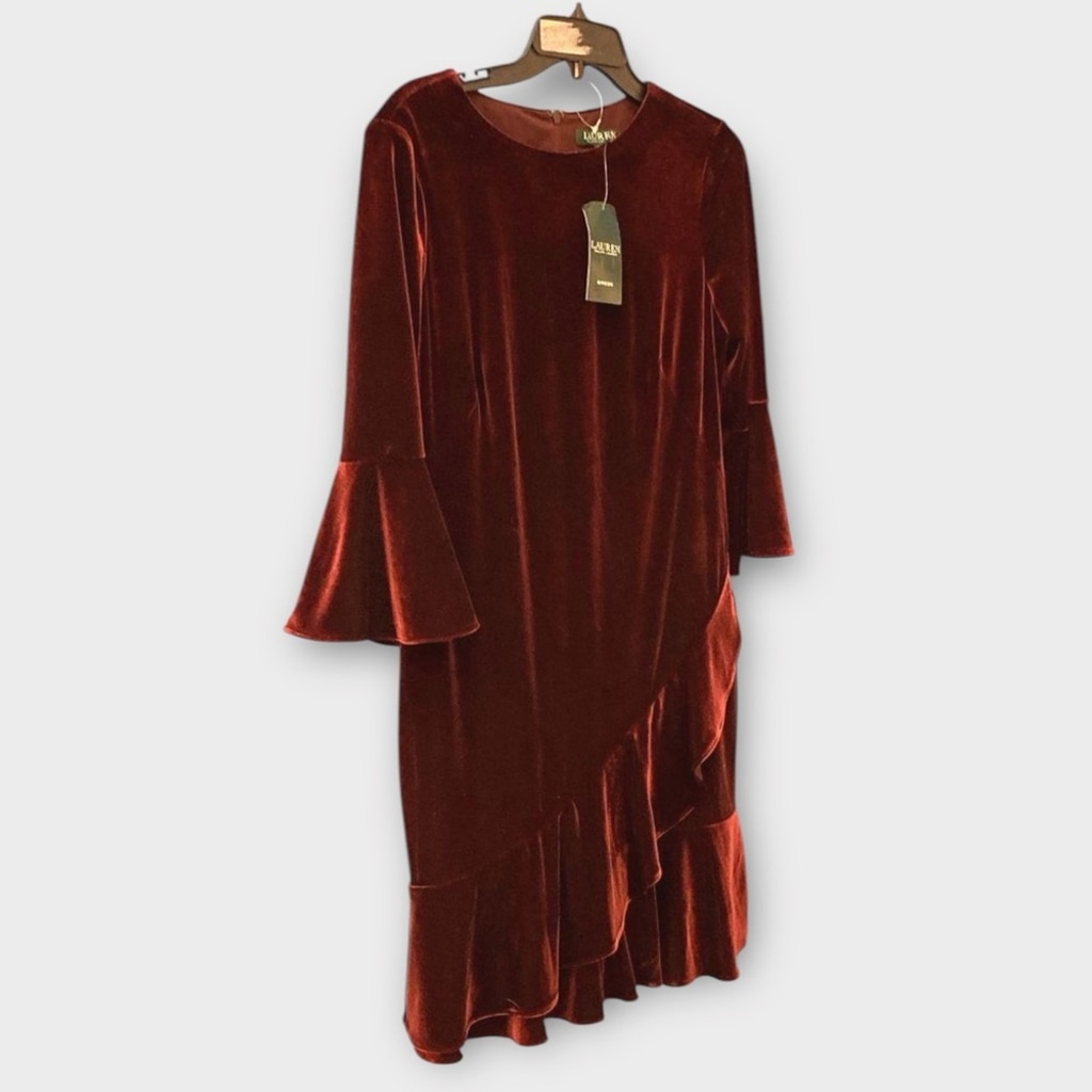 Lauren Ralph Lauren Velvet Bell Sleeve Ruffled Dress Size 10