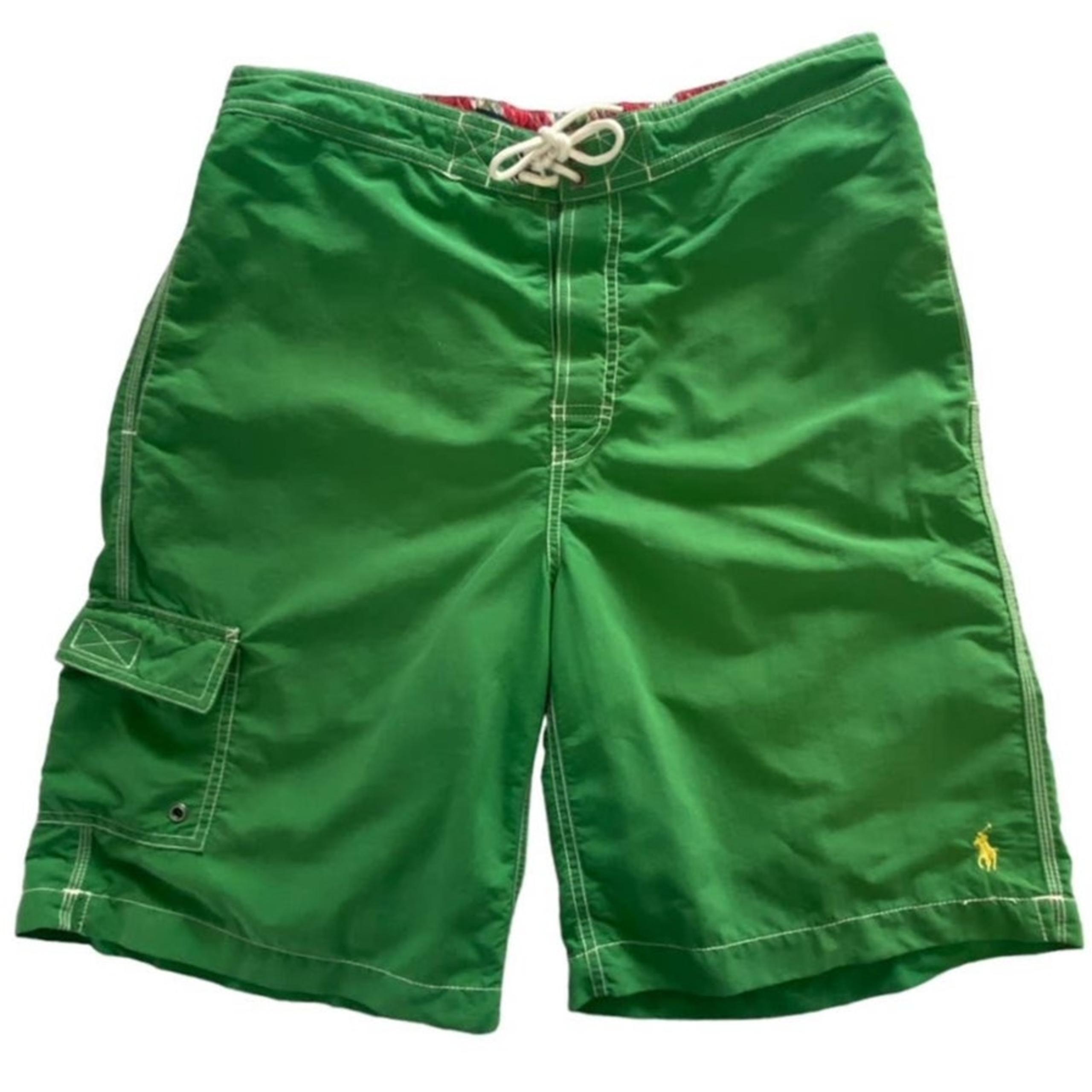 RALPH LAUREN Green Swim Trunks Yellow Polo Logo Boardshort Swimsuit ~ Men's 34