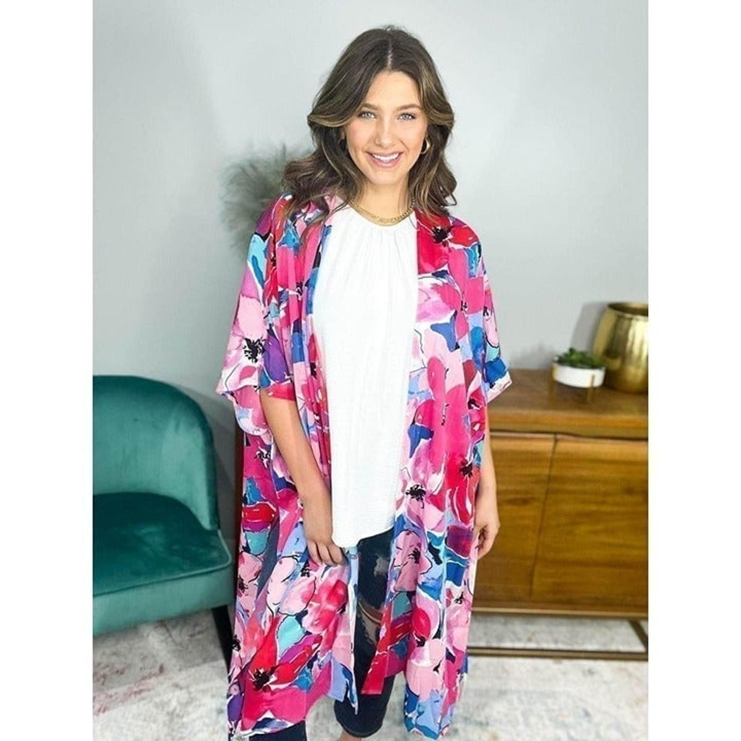 Umgee Floral Side-Slit Duster Lightweight Kimono Sz S/M