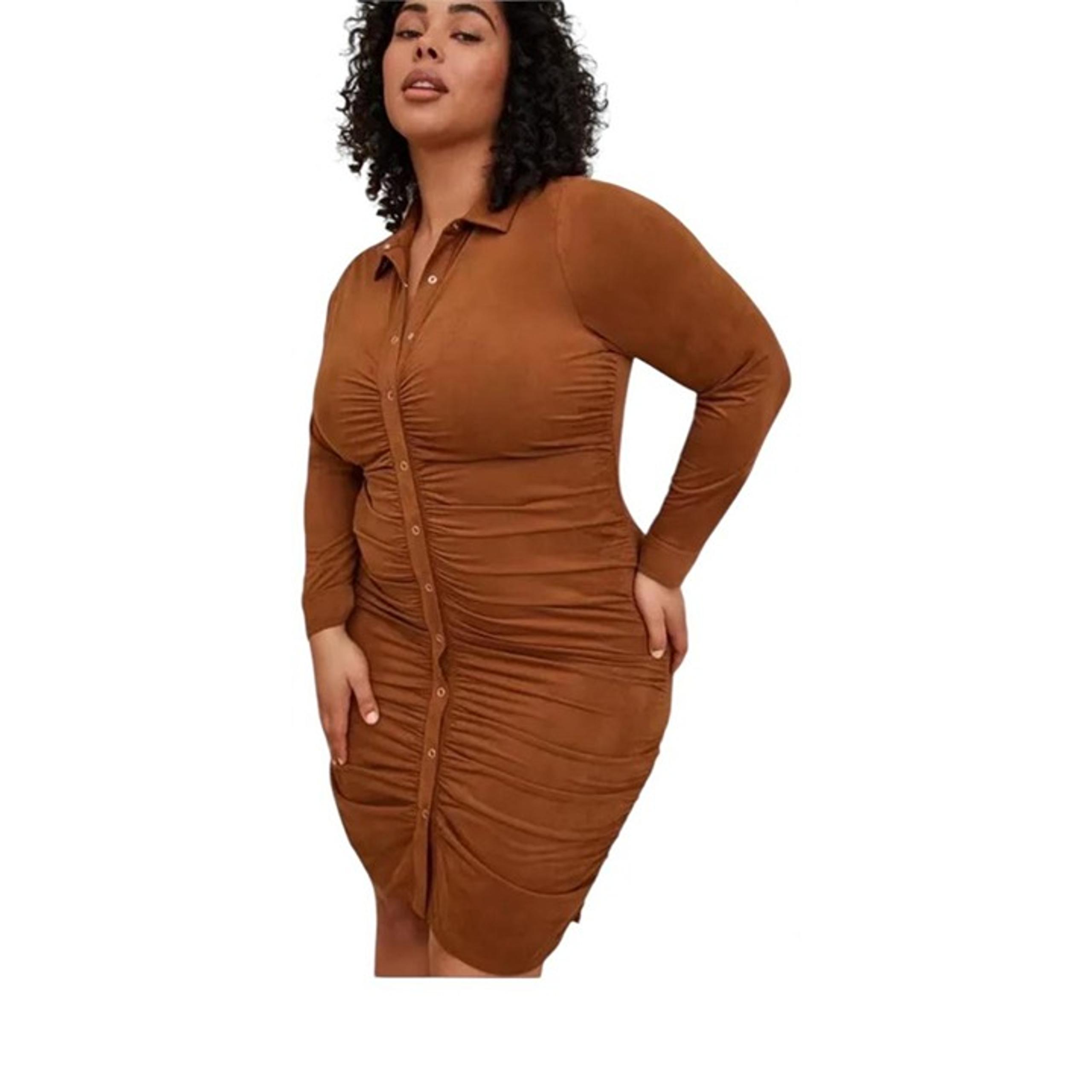 Torrid Dress Womens 4X Brown Long Sleeve Button Down Ruched Collared Mini