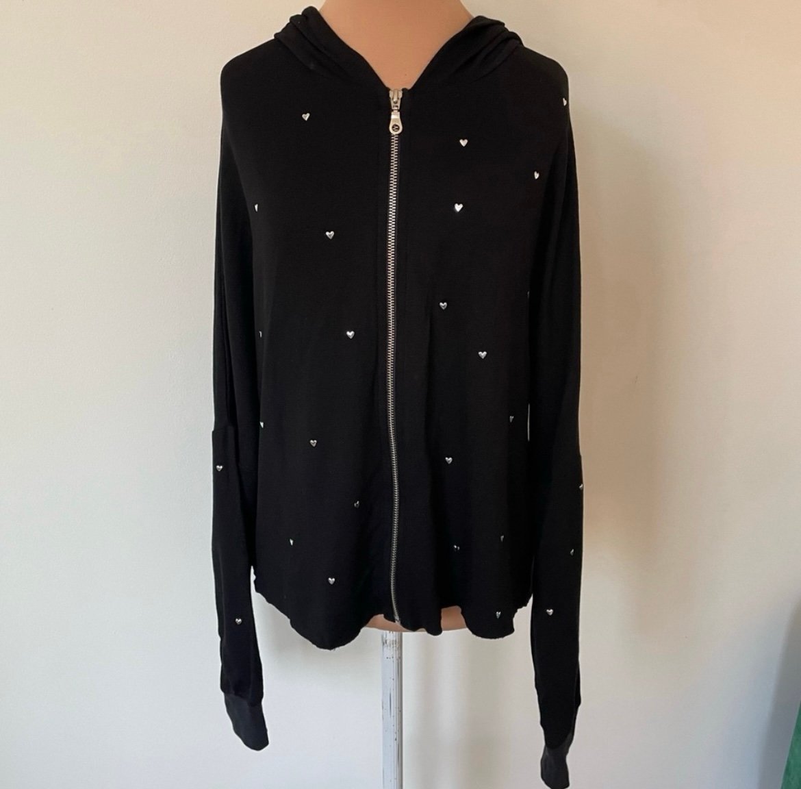 Michael Lauren Heart Studded Black Viscose Zip Up Hoodie Sweatshirt EUC Size L