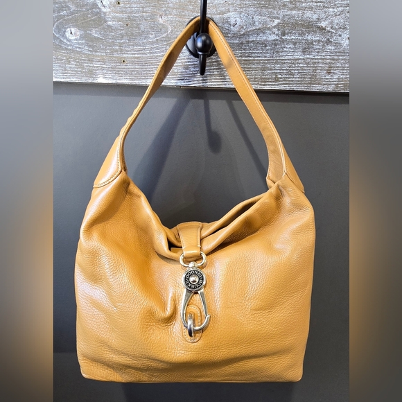 Dooney & Bourke Gold / Camel Pebble Leather Logo Lock Sac With Brass Har…
