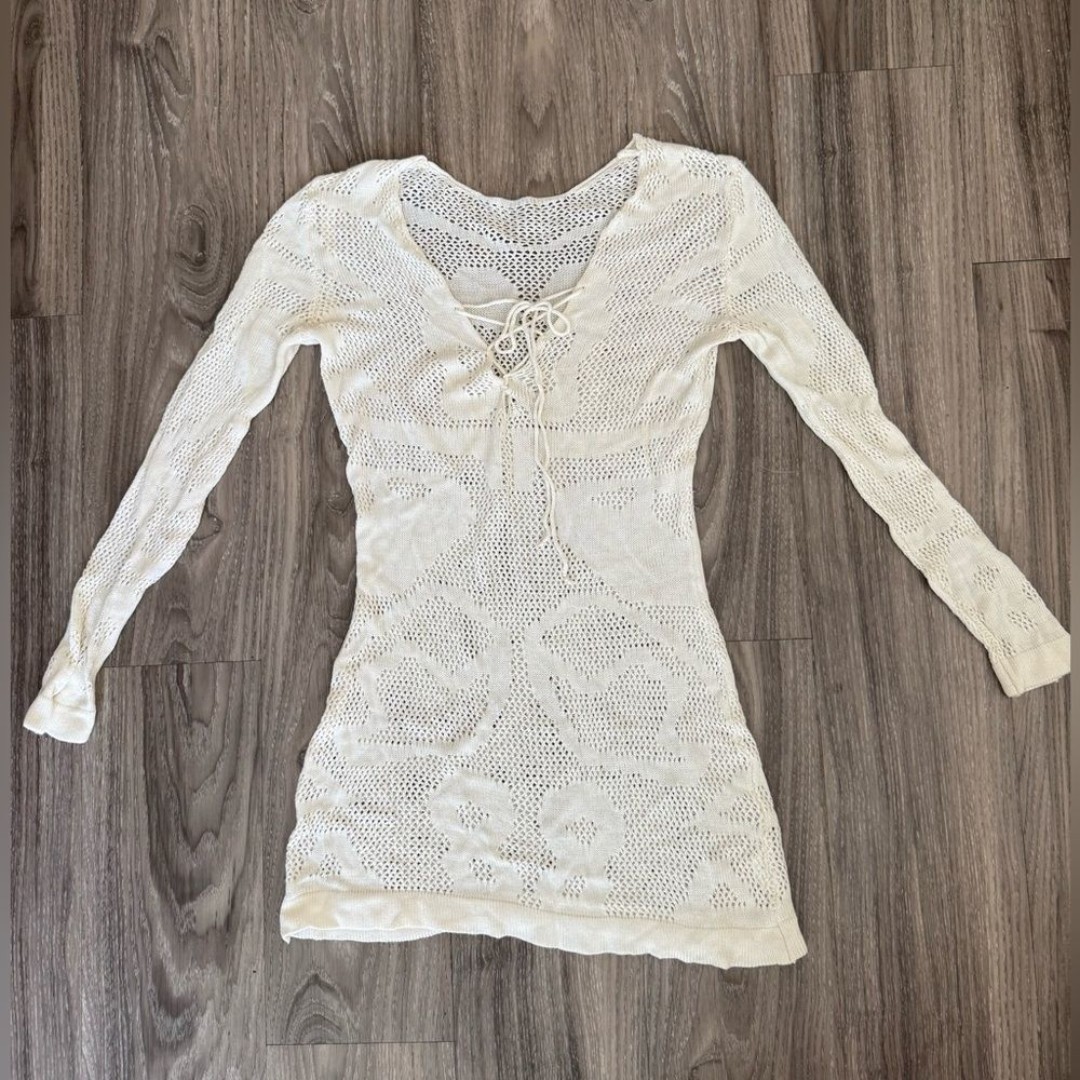 Vintage Y2K Sunny Crochet Cover Up Dress Top Lace Up Tie cream Beachy Bohemian S