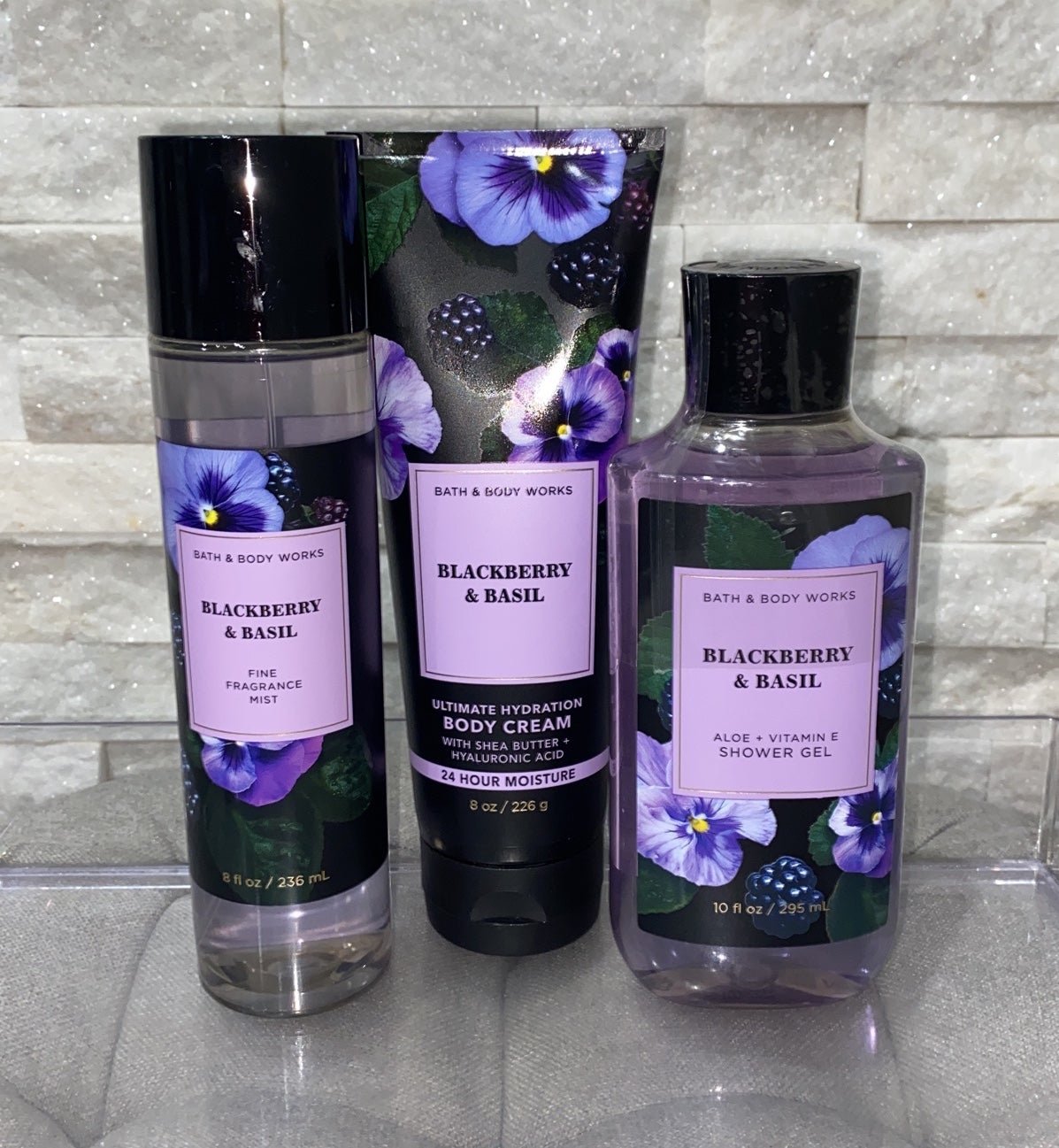 Bath & Body Works Blackberry & Basil Fragrance Mist Body Cream Shower Gel Bundle