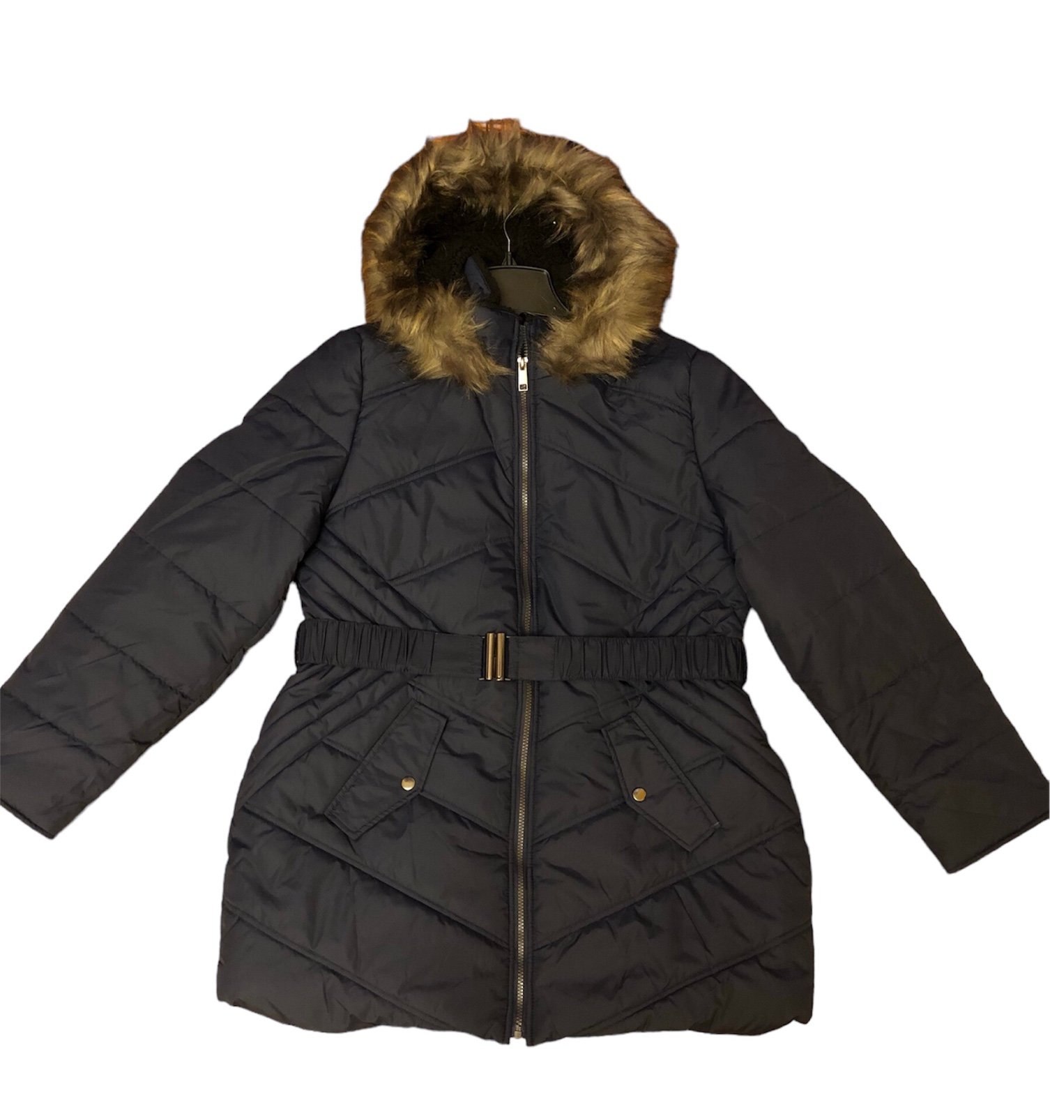 Belted Faux Fur Trim Hooded Puffer Coat