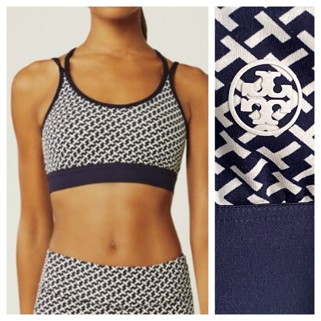 Tory Burch Tory Sport Navy Blue White Printed Cross Back Sports Bra