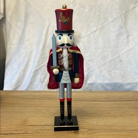 Festive Red Nutcracker Soldier wooden Figurine with cape and sword 15