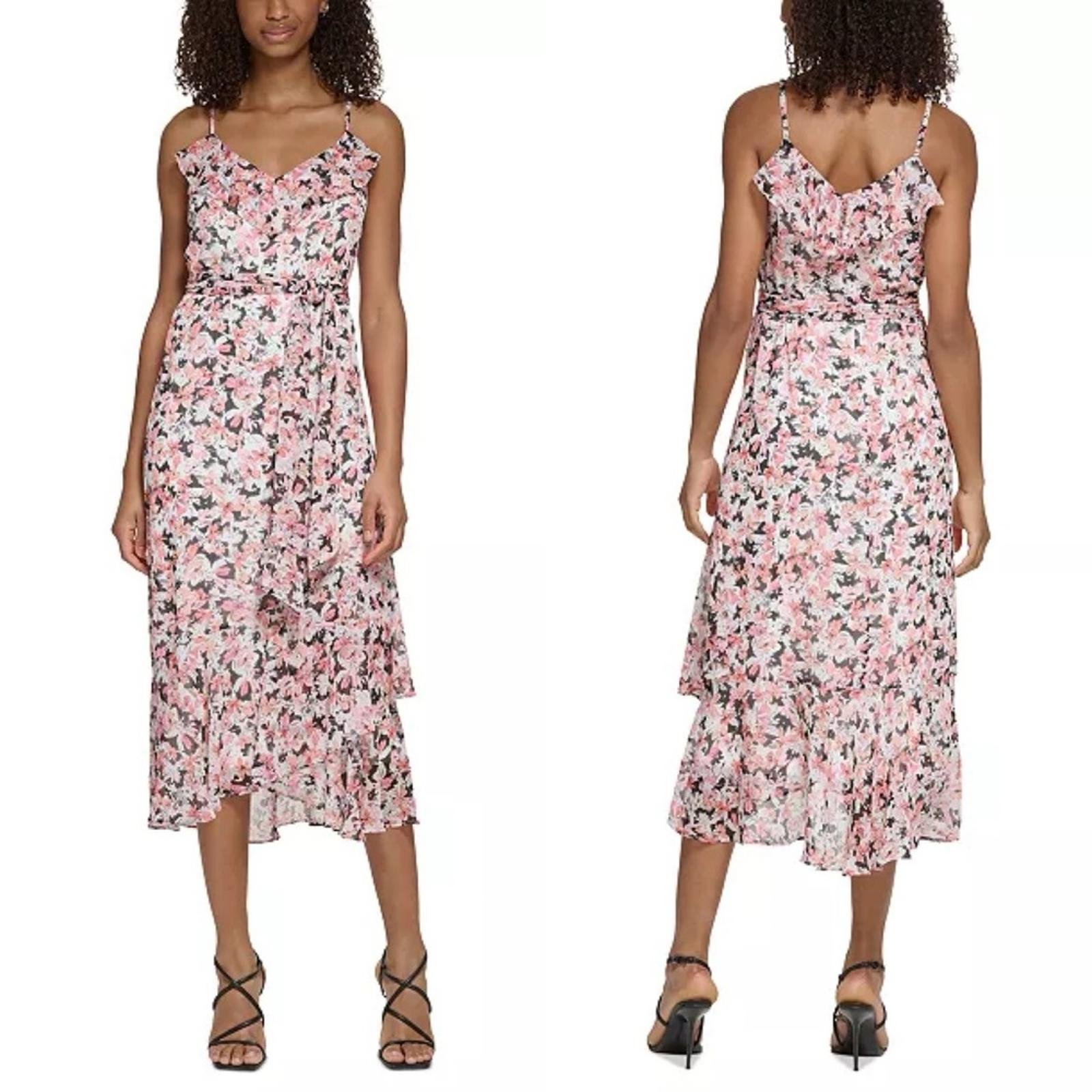 Karl Lagerfeld Paris Floral Ruffled Tie-Waist Chiffon Midi Dress, Size 16 NWT