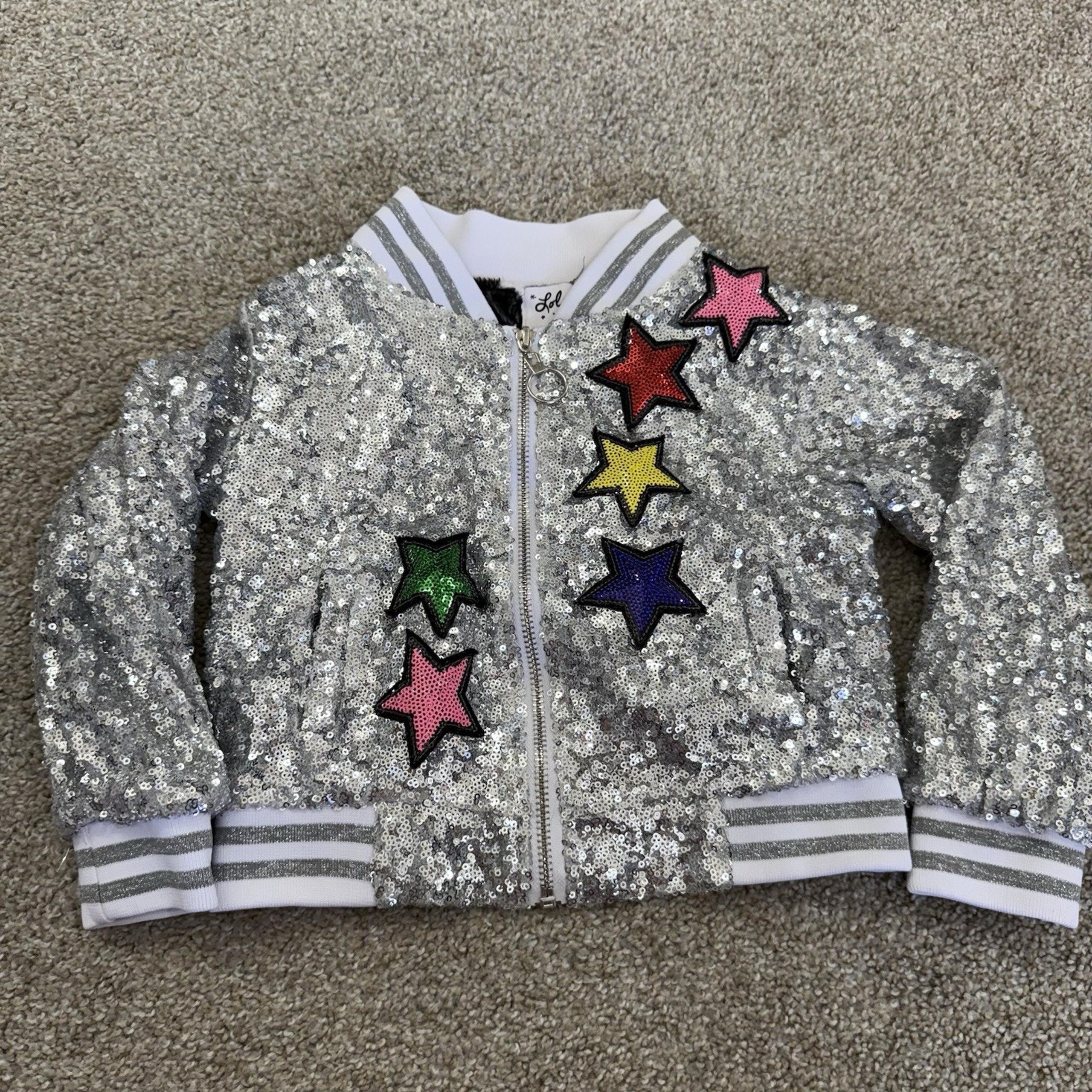 Lola + the Boys Sequin Silver Bomber Jacket Girls Zip Up Unicorn Stars sz 2