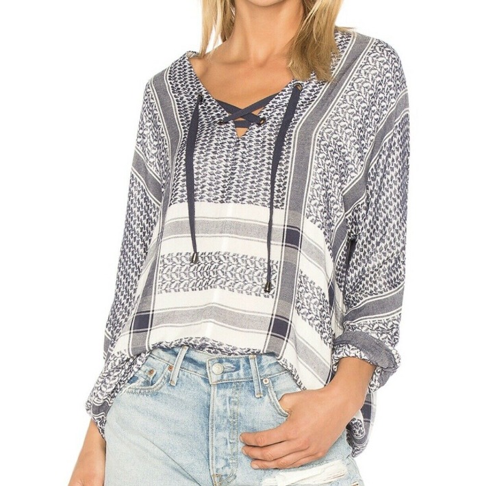 NEW! Rails Lily Lace Up Jacquard Long Sleeve Tunic Shirt Blue White SZ S