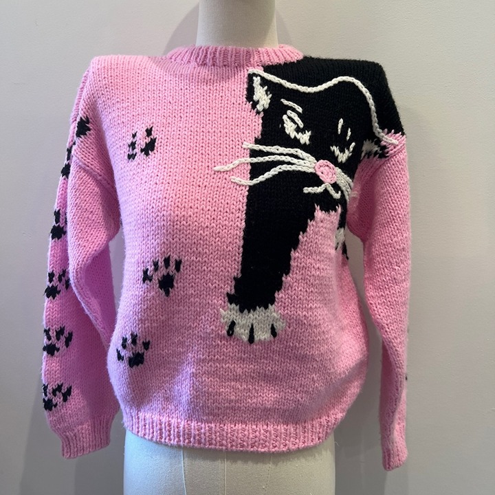 Vintage RARE Cat Meow Cartoon Knitted Sweater EUC