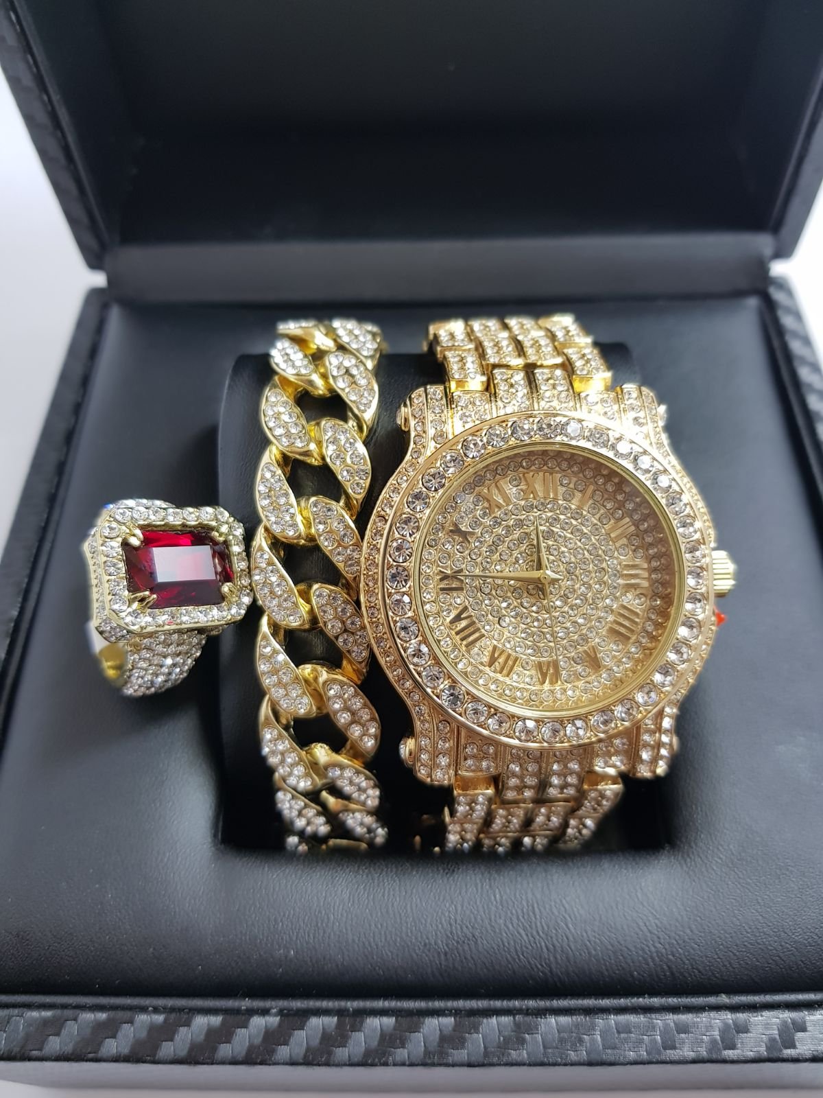14K GOLD PLATED ICED OUT WATCH RING SET