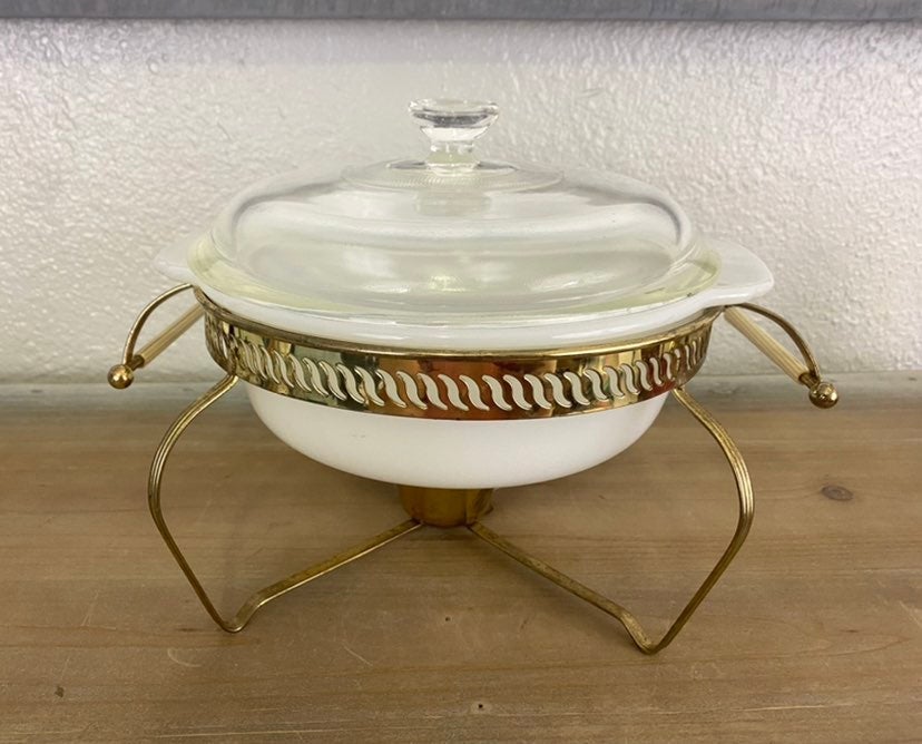 Fire King Casserole With Warming Cradle Reverse Logo