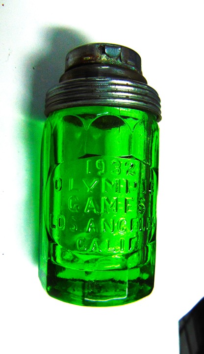 Vaseline Glass Salt & Pepper Antique 1932 Olympics Los Angeles Rare BeadRage