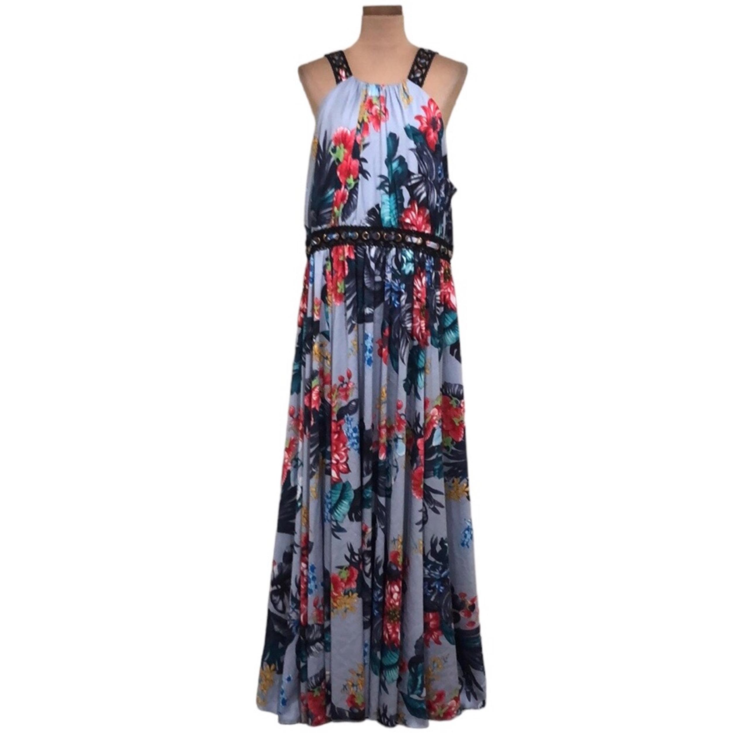 Badgley Mischka Floral Grommet Gown Size XS Blue Tropical Maxi Dress