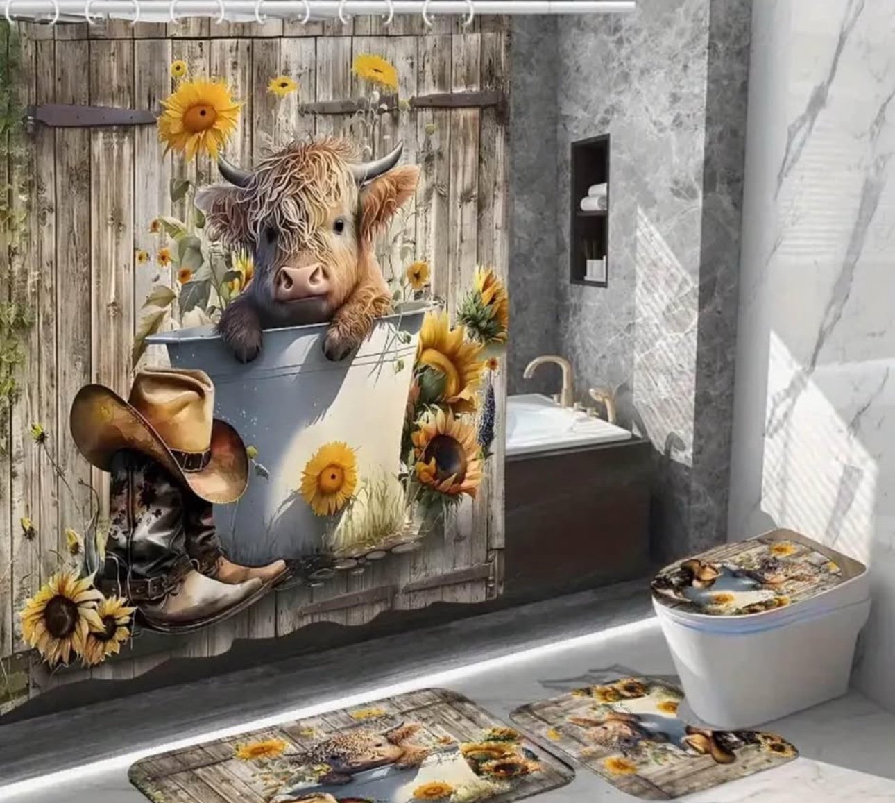 Four piece Bathroom Cow shower curtain and bath mat set
