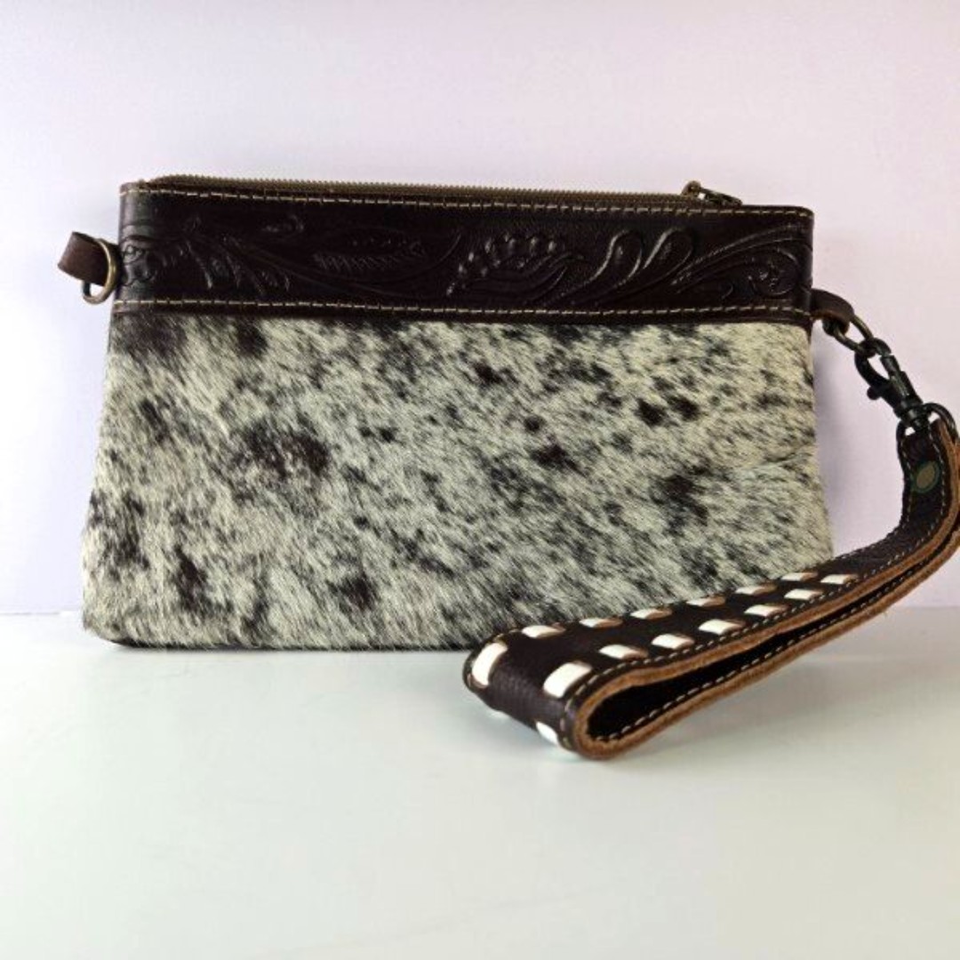 Myra Bag Genuine Hair On Cowhide Tooled Leather Trim Belt Bag Clutch Wristlet