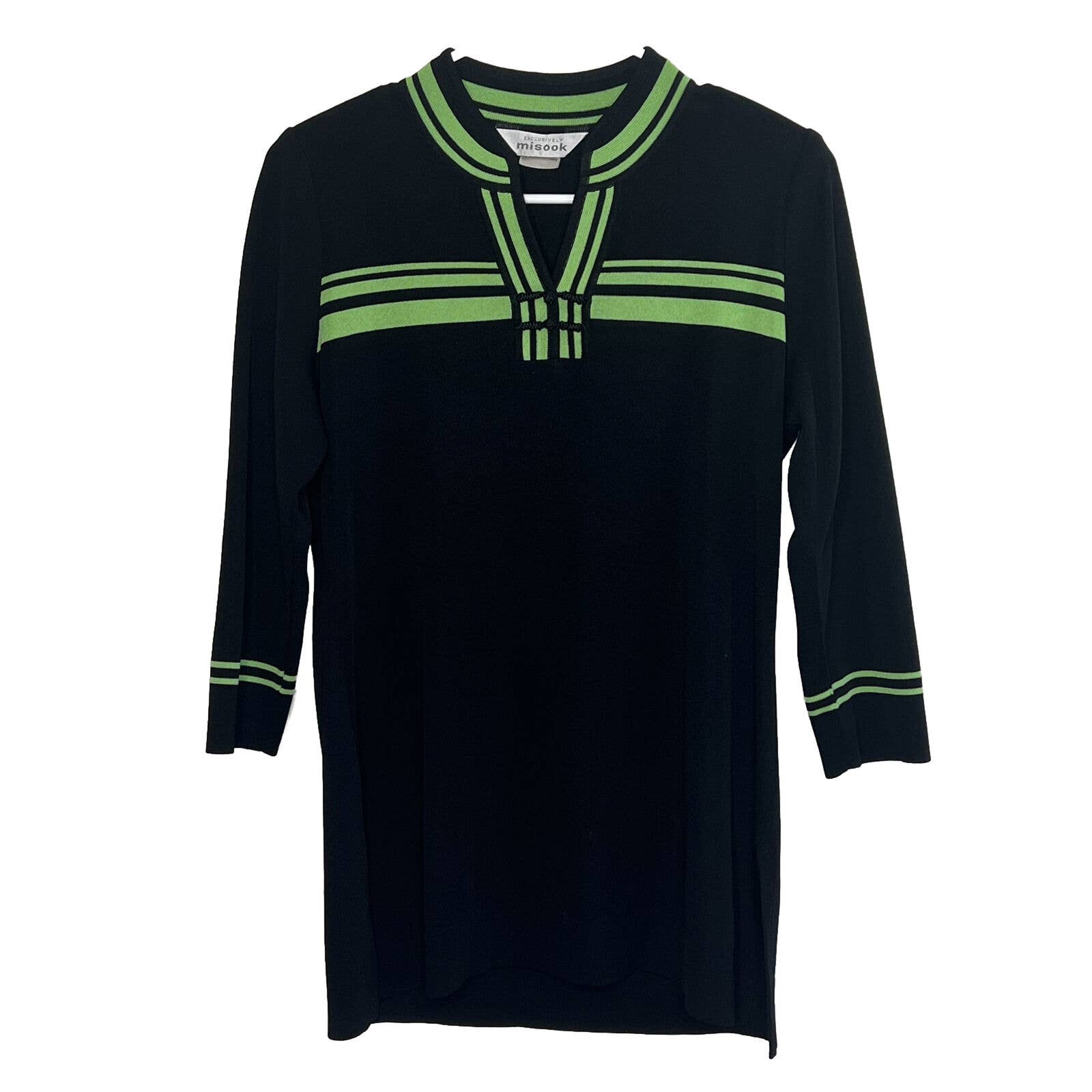Exclusively Misook Small Stripe Pullover Tunic Black 3/4 Sleeve Career Office Z1