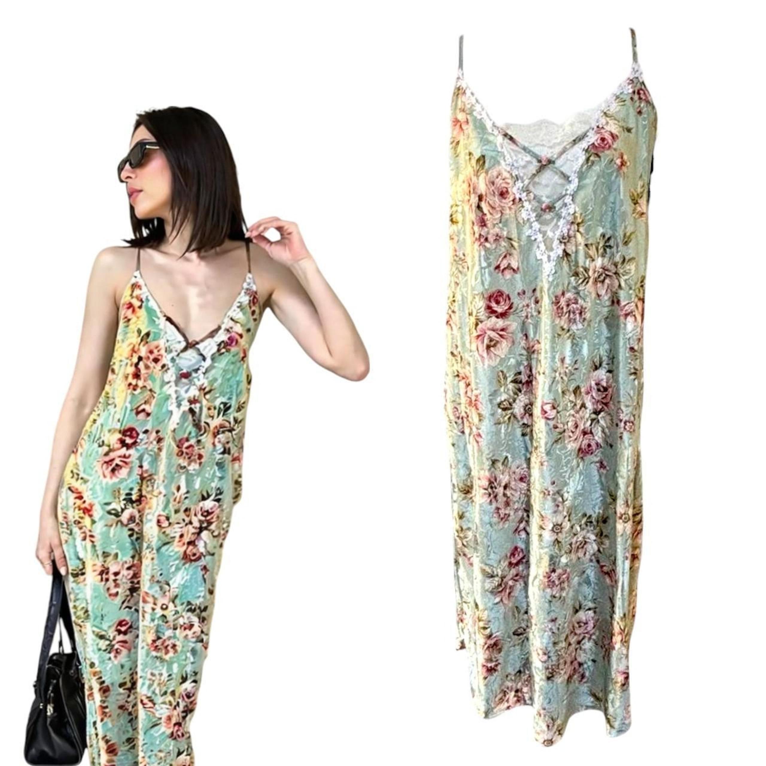 VTG. 90'S FLORAL ROSES LACE SATINY SILKY LONG DRESS 1X-2X.