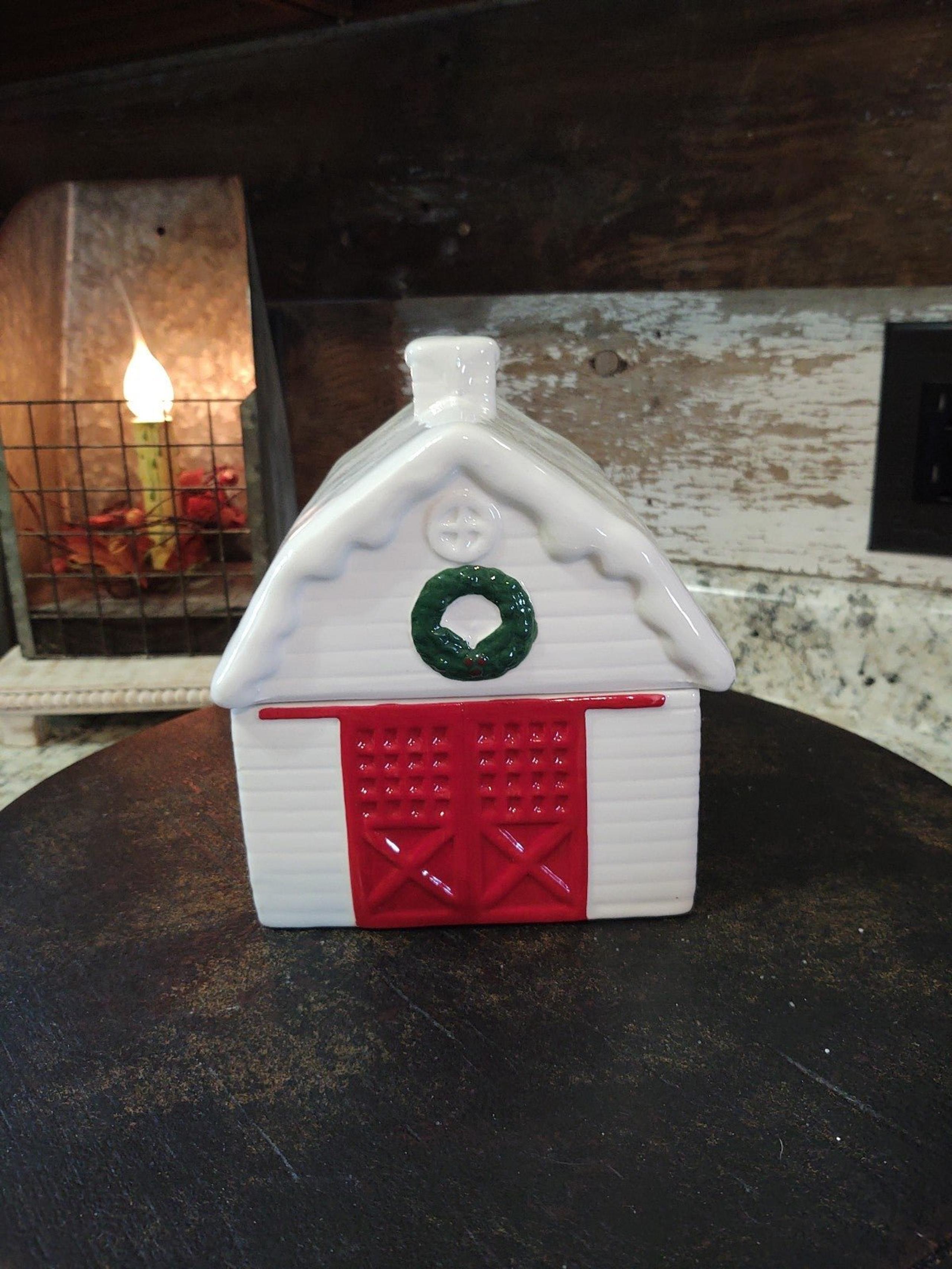 White barn Christmas canister