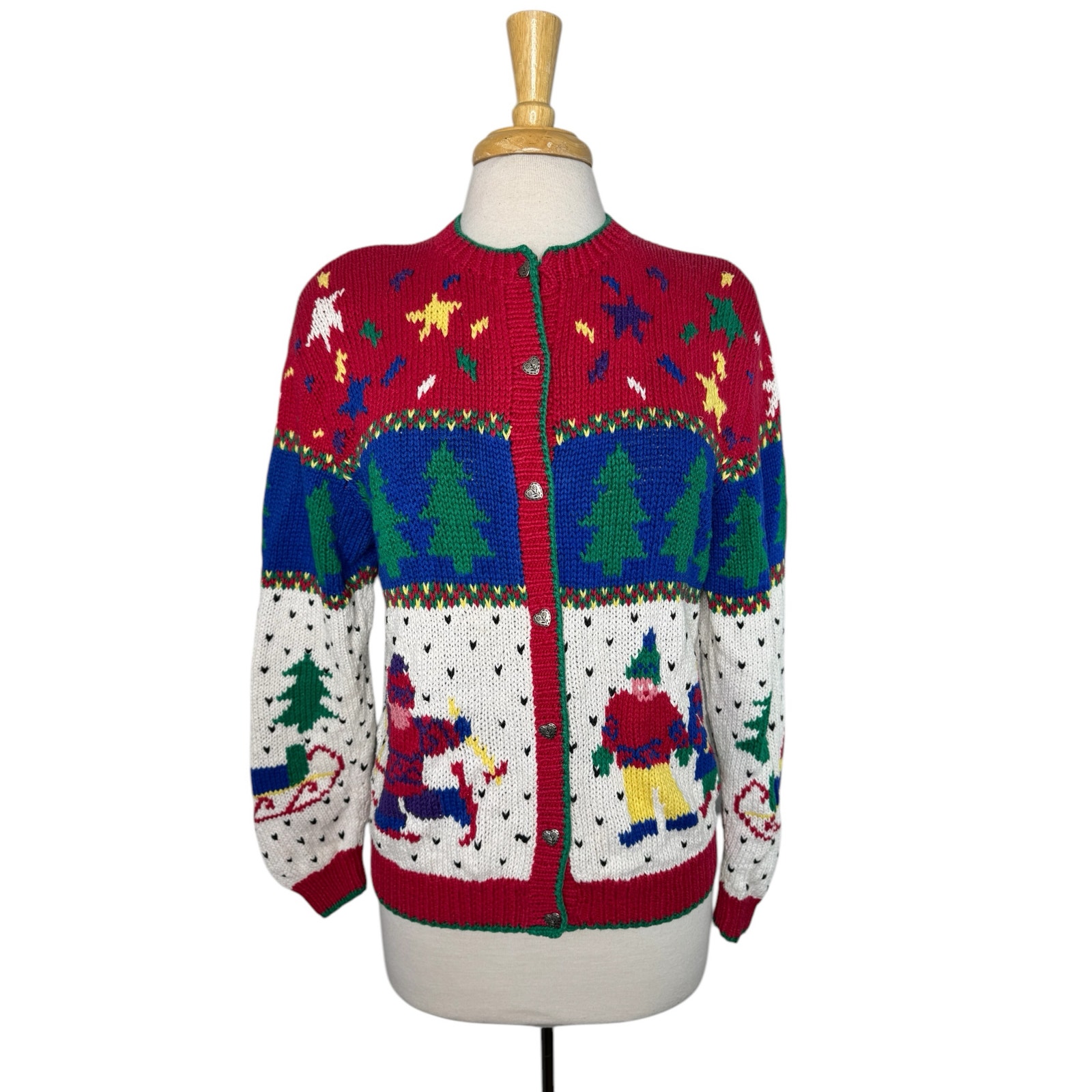 Vintage 80s 90s Christmas Cardigan Sweater Handknit Size Medium Womens HEIRLOOM
