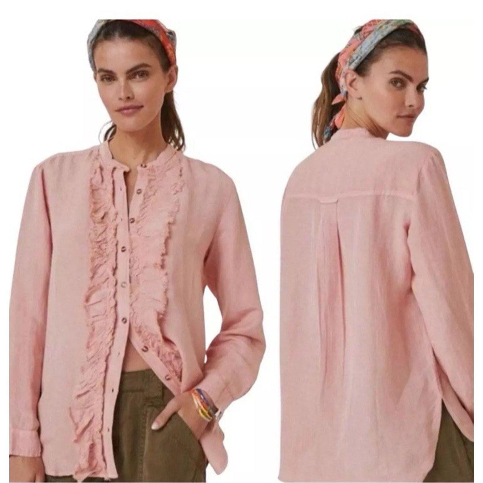 Anthropologie Top Womens XL Pilcro Ruffled Placket Shirt Peach Pink Long Sleeve
