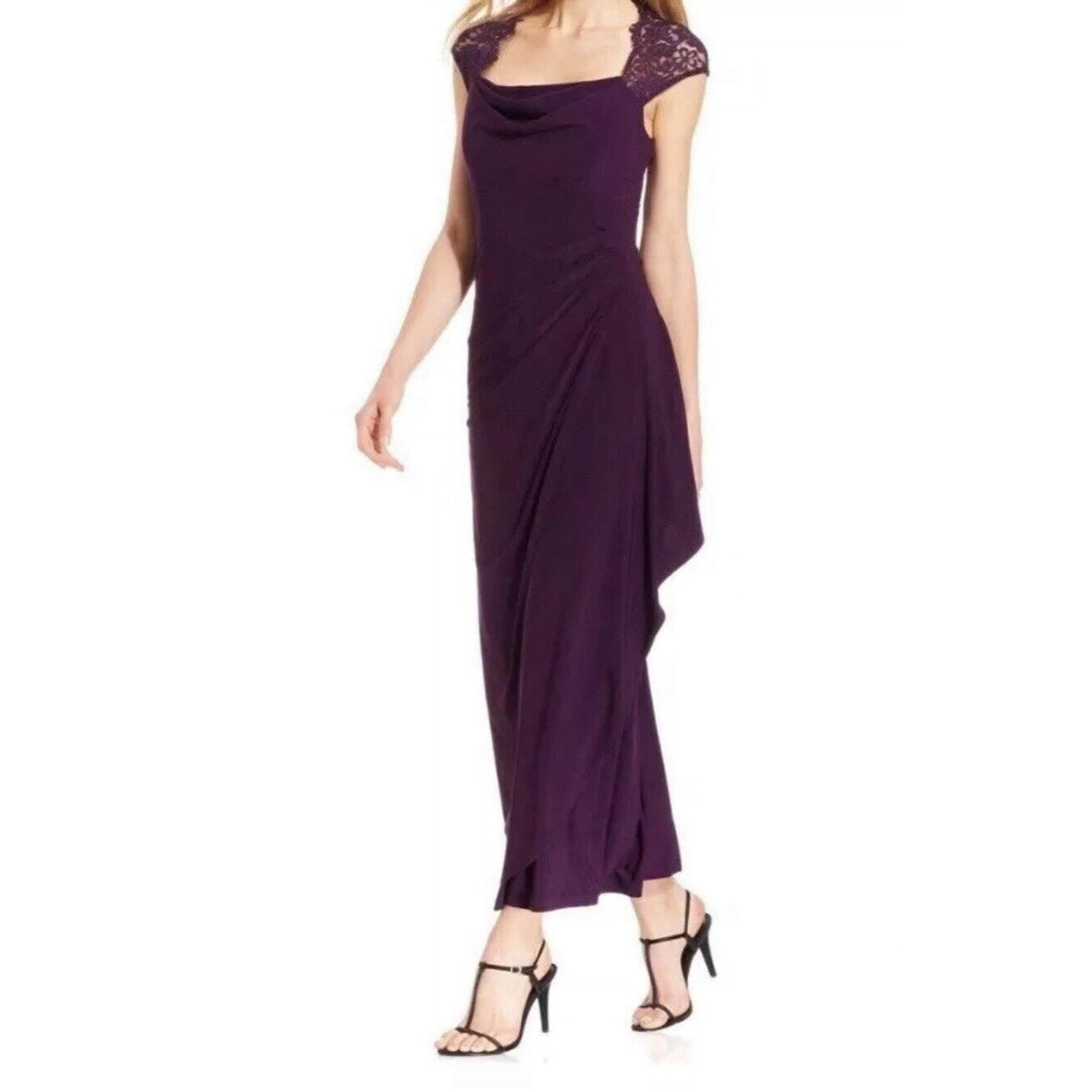MSK Purple Illusion Keyhole Lace Faux Wrap Long Formal Gown Dress 14 Stretch NEW