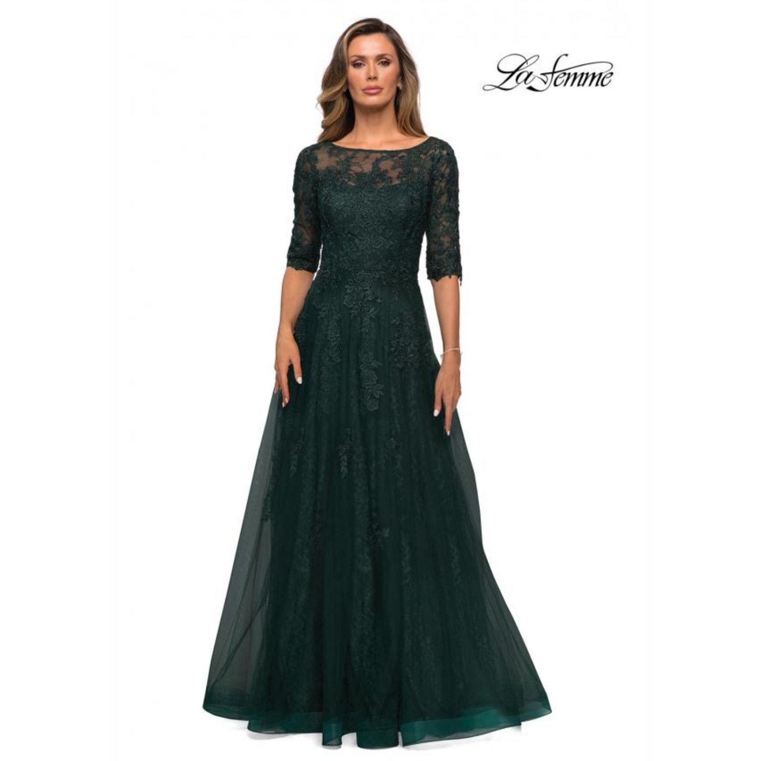 NWT La Femme Mother Of The Bride Emerald Lace Sequin Maxi Gown 28036
