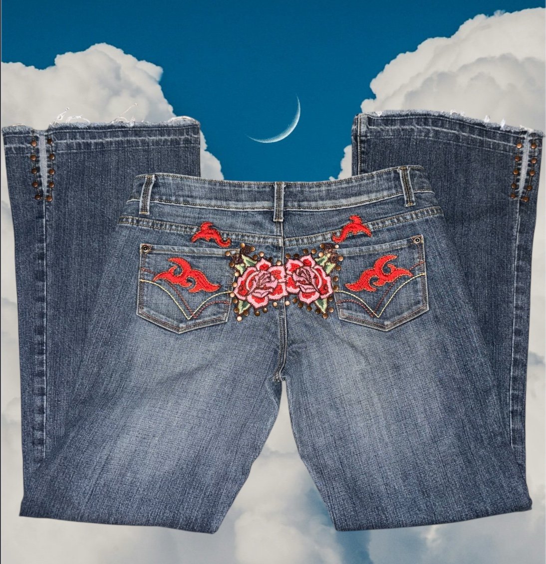 Y2K vintage Low rise flare jeans with embroidered rose and butterfly details