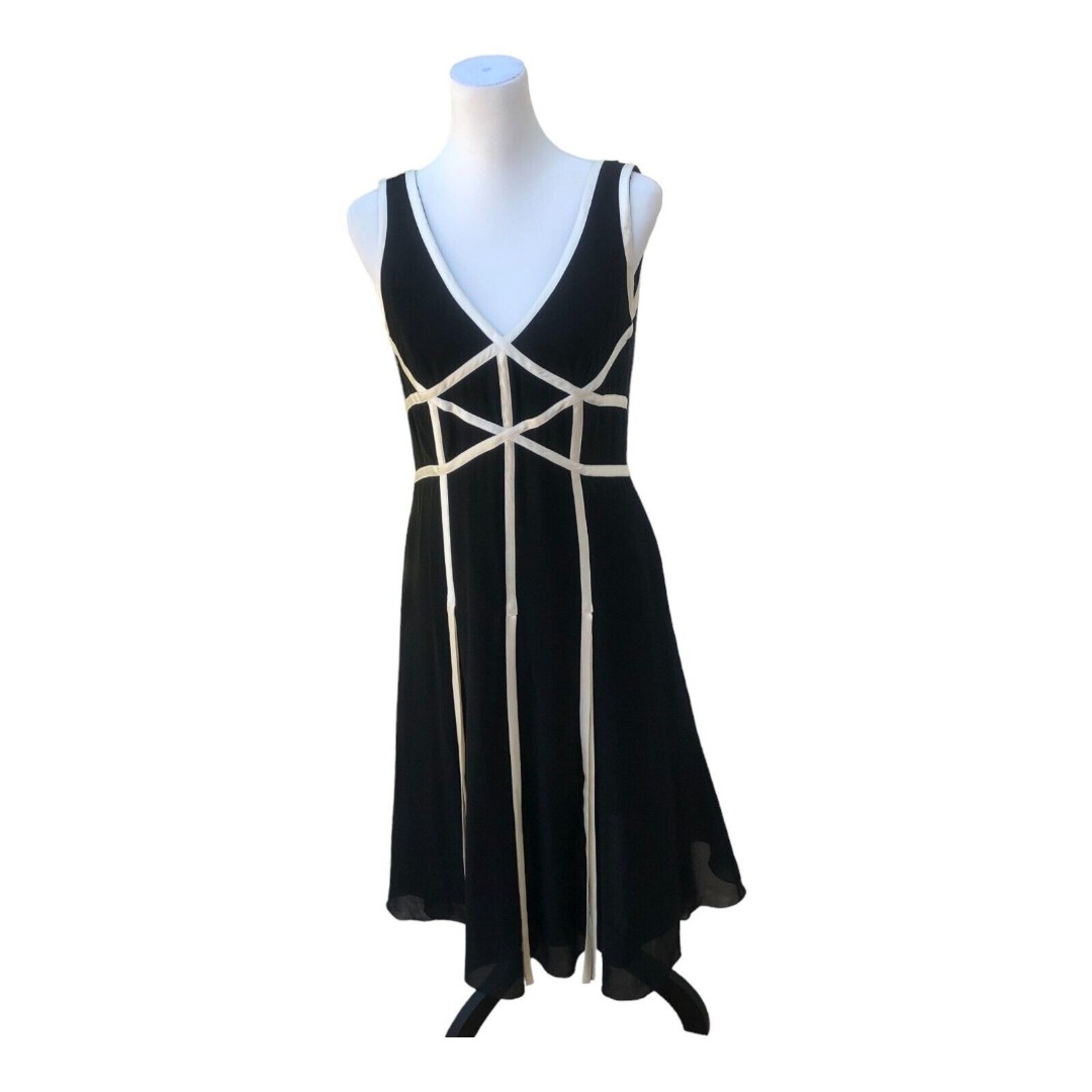 Adrianna Papell Deep V-Neck Black 100% Silk Cocktail Ribbon Midi Dress Sz 6