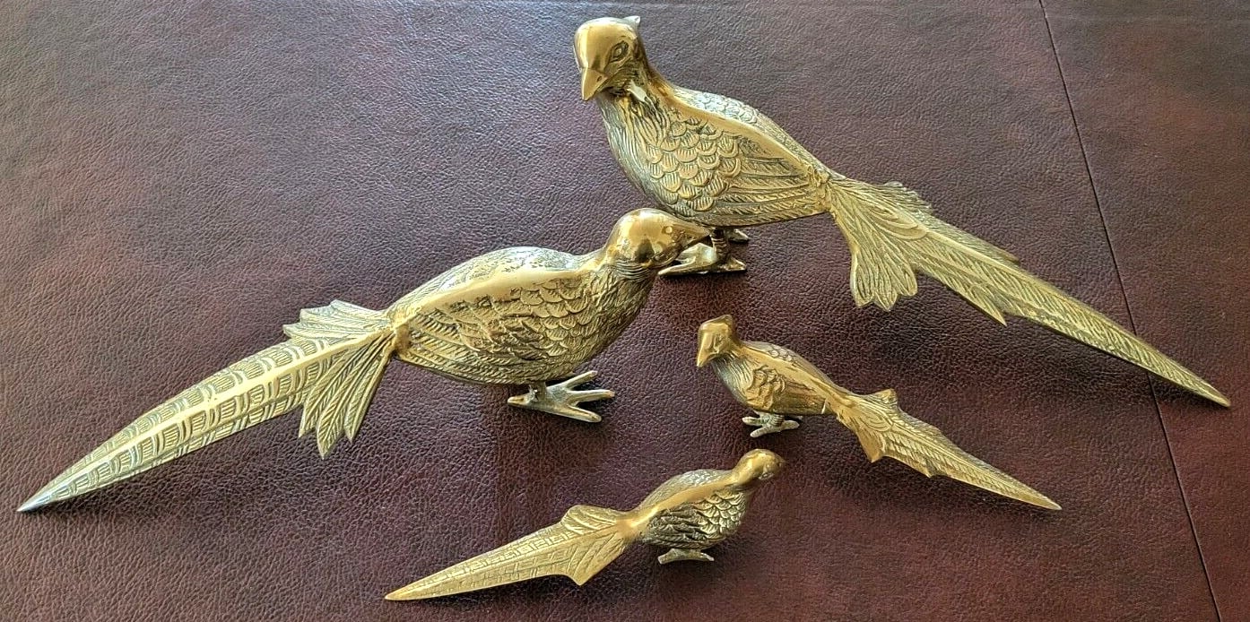 4 Vintage Brass Pheasants Two Pairs Male & Female 17\ 